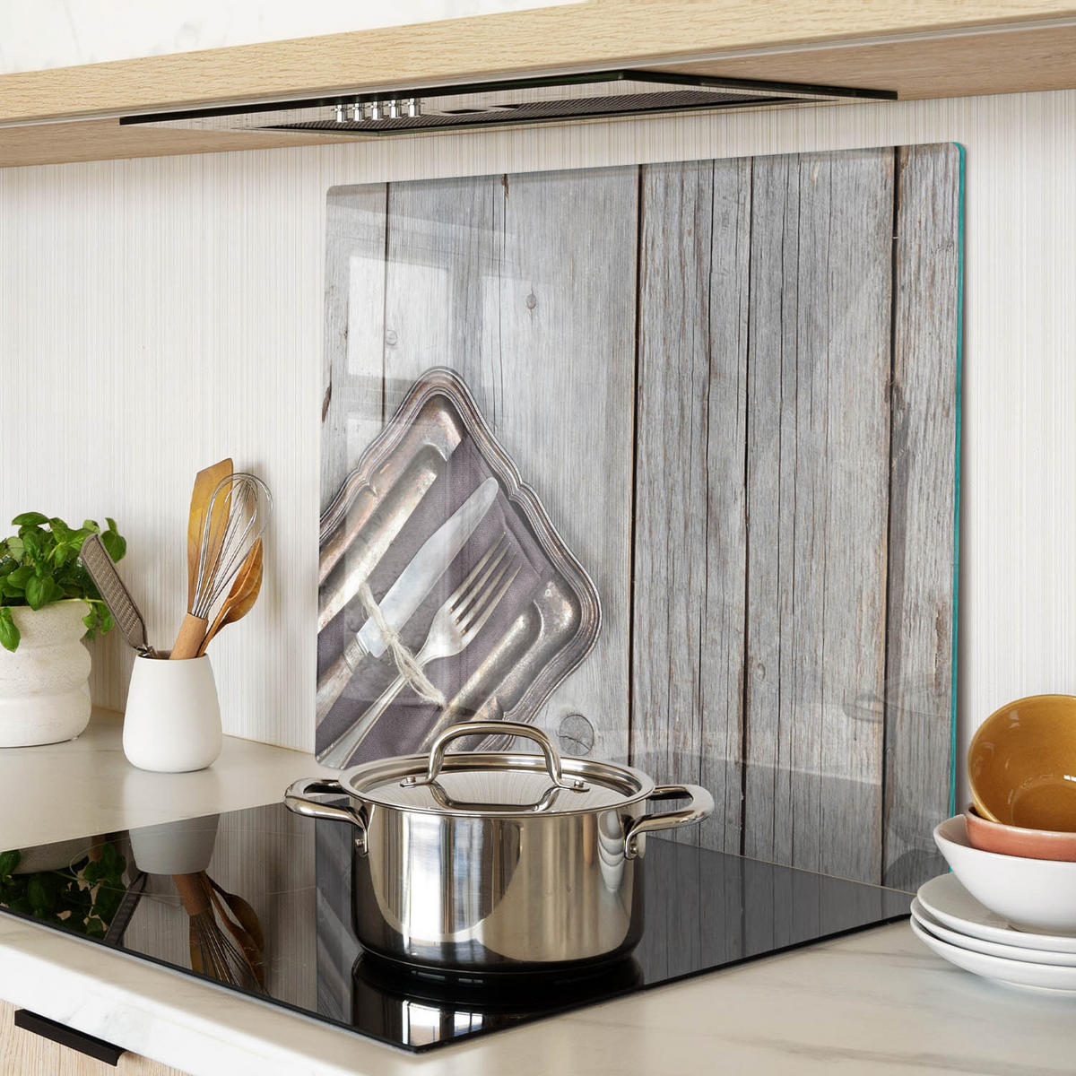 GLASPLATTE 60x52 cm Besteck auf Brettern - Beige, Glas (60/0.4/52cm) - TULUP