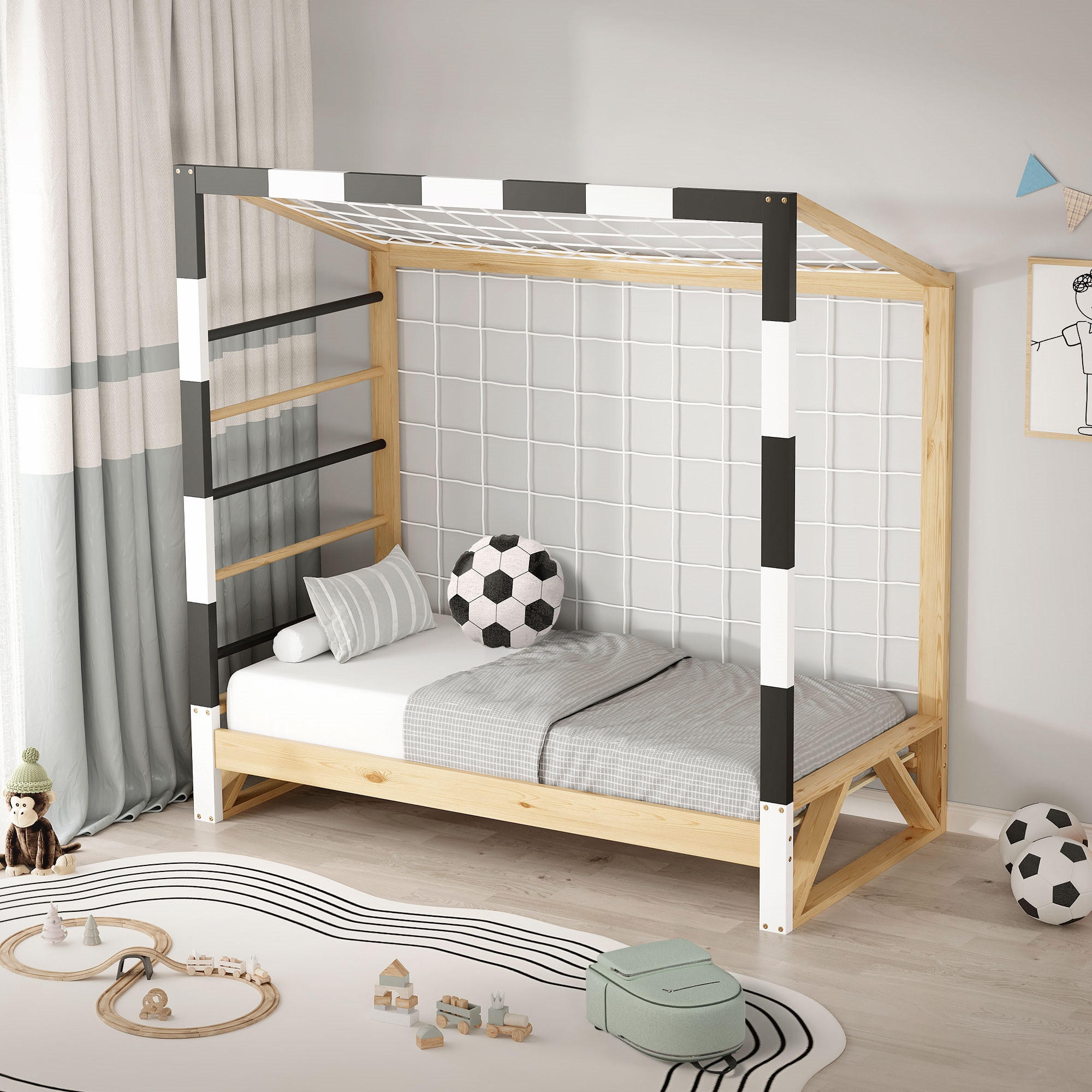 KINDERBETT Fußballtor 70x140 cm Schwarz-Weiß - Hellbraun, Holz (70/150cm) - ML-DESIGN