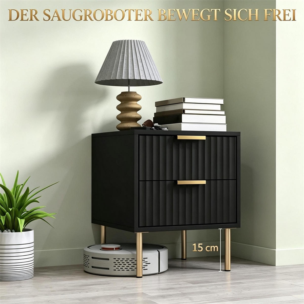 NACHTTISCH 40x39x48 cm Schubladenfront mit Rillenoptik - 2 Schubladen - Goldene Griffe - Schwarz - Schwarz, Holzwerkstoff (39/48/40cm) - DELFA
