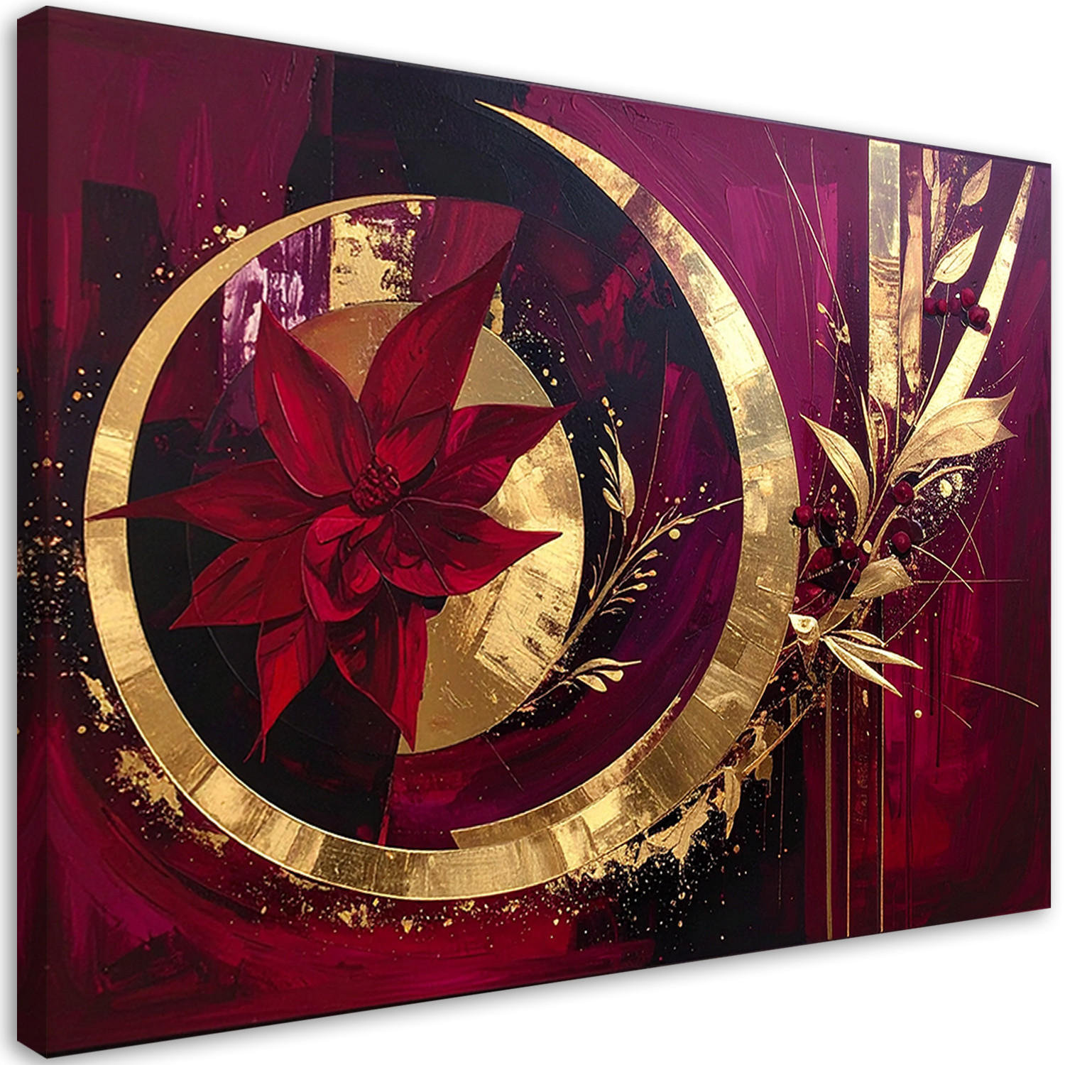 WANDBILD, Abstraktes Muster in Burgunderrot und Gold mit einer Blume - Rot, Textil (90/60cm) - Feeby