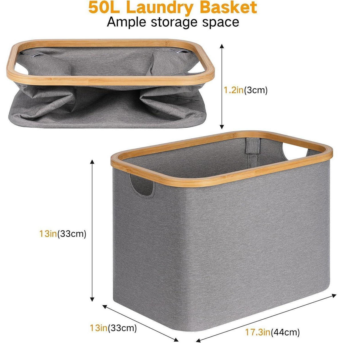 WÄSCHEKORB faltbar 50L Bambus Stoff Grau - Grau, Naturmaterialien (33/30/44cm)