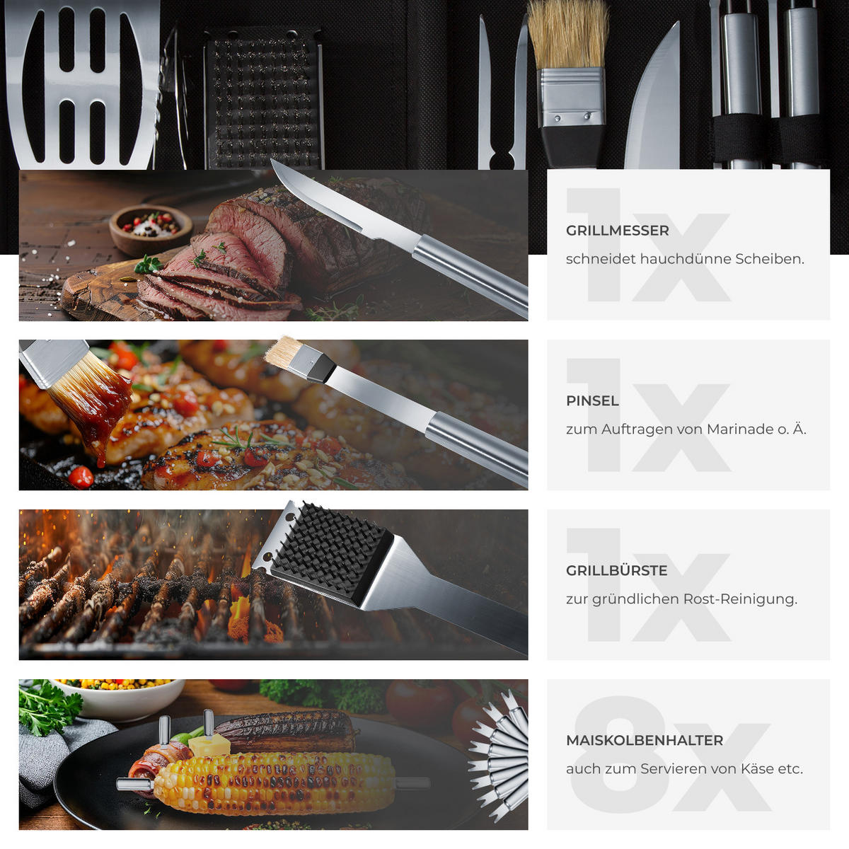 GRILLBESTECK ,inklusive Aluminiumkoffer,grau - Grau, Metall (47cm) - tectake