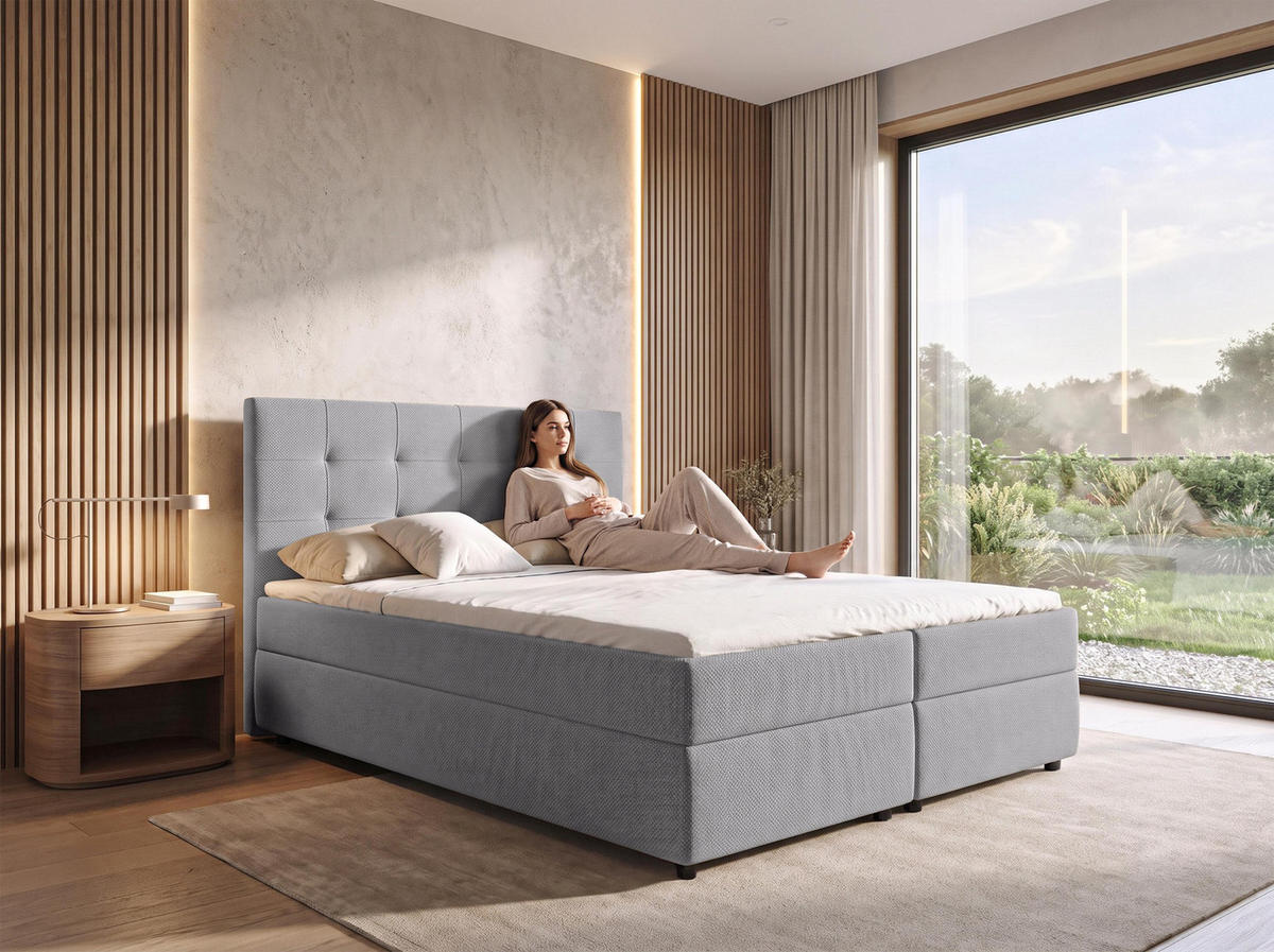 BOXBETT SAKARYA 160x200 cm mit Bettkasten und Matratze - Hellgrau + TOPPER - Hellgrau/Schwarz, Holz/Holzwerkstoff (160/200cm) - AX Living