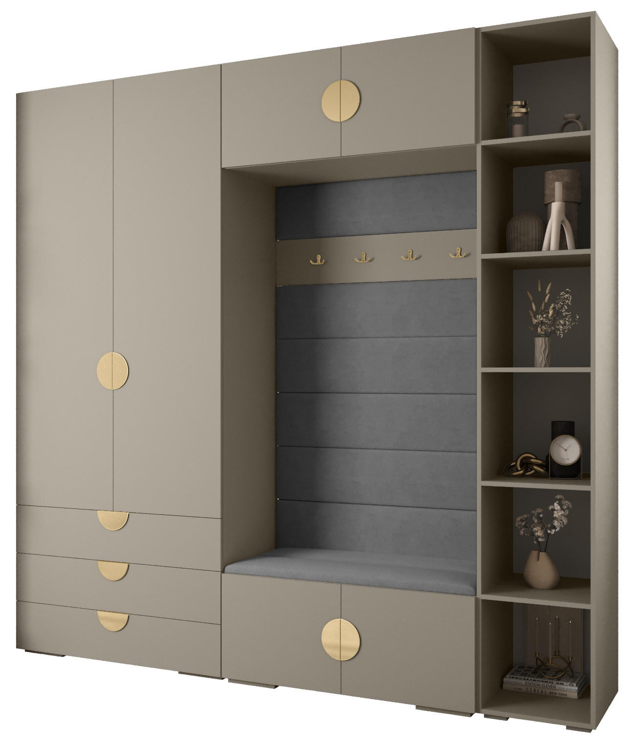 Abiks Möbel Garderoben-Set Kaschmir, Grau, Gold 240x236.7x47 cm