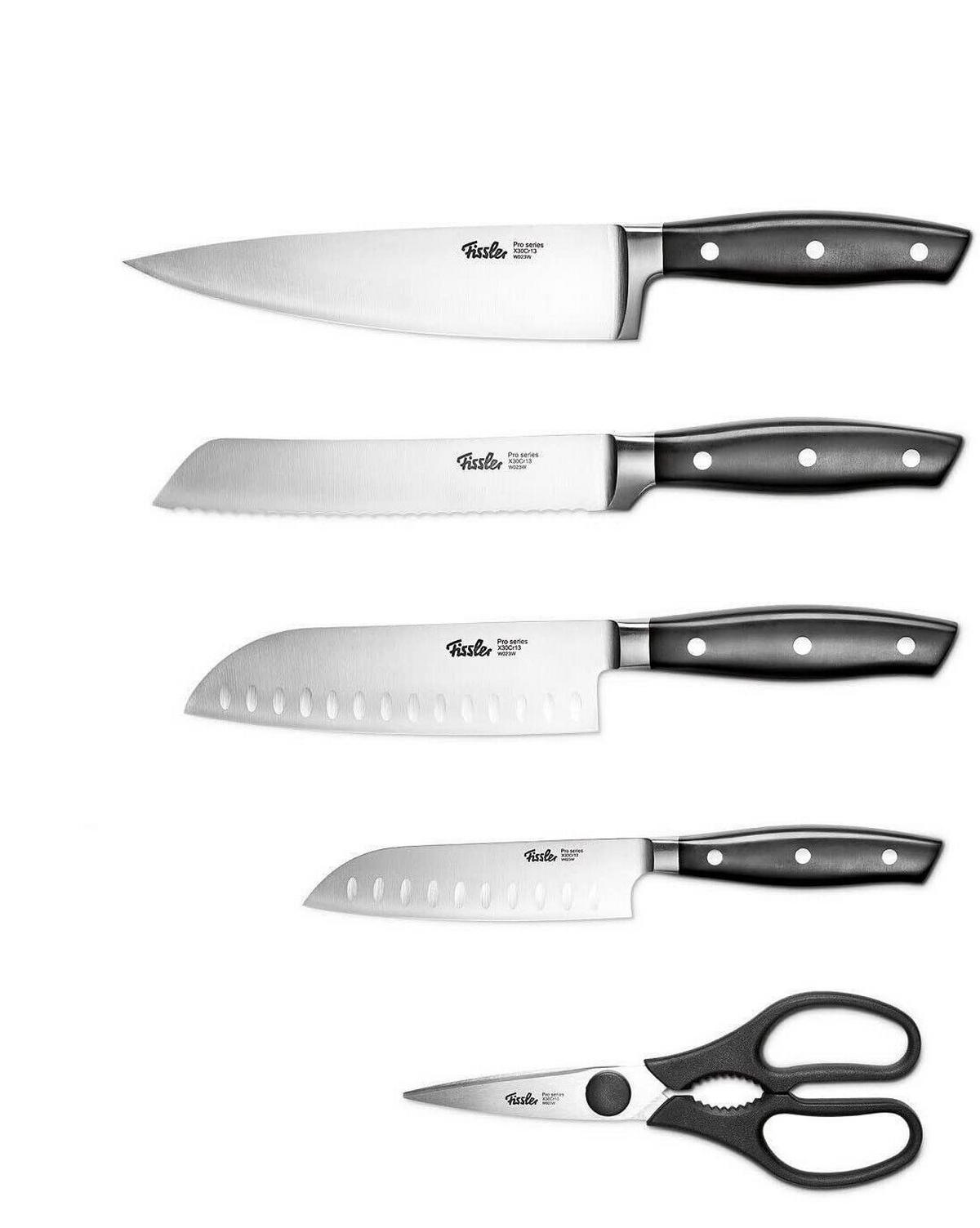 MESSERSET – Profi 5-teilig mit 2 Santokumessern, Brotmesser, Kochmesser & Küchenschere, Rostfreier Spezialstahl, Ergonomischer Griff - Silberfarben, Metall - Fissler