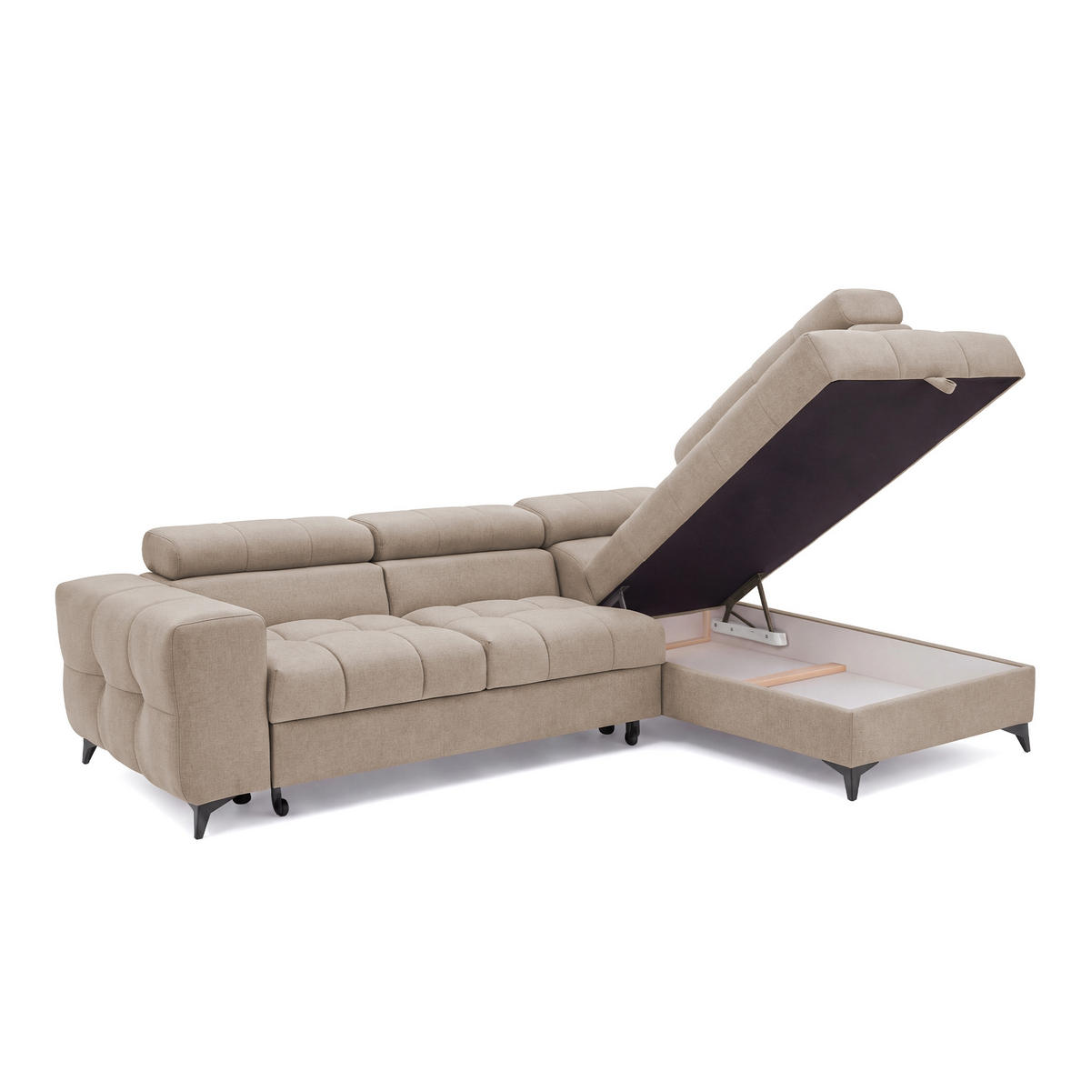 ECKSOFA PUDDING S Rechts mit Schlaffunktion 125x195 Velours Beige - Beige/Schwarz, Holz/Textil (275/177cm) - Muffo