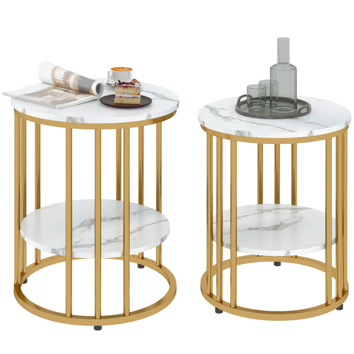 BEISTELLTISCH 2er-Set DE-08794 Marmoroptik mit offenem Stauraum Gold - Weiß, Metall (45/45/55cm) - ComfortXL