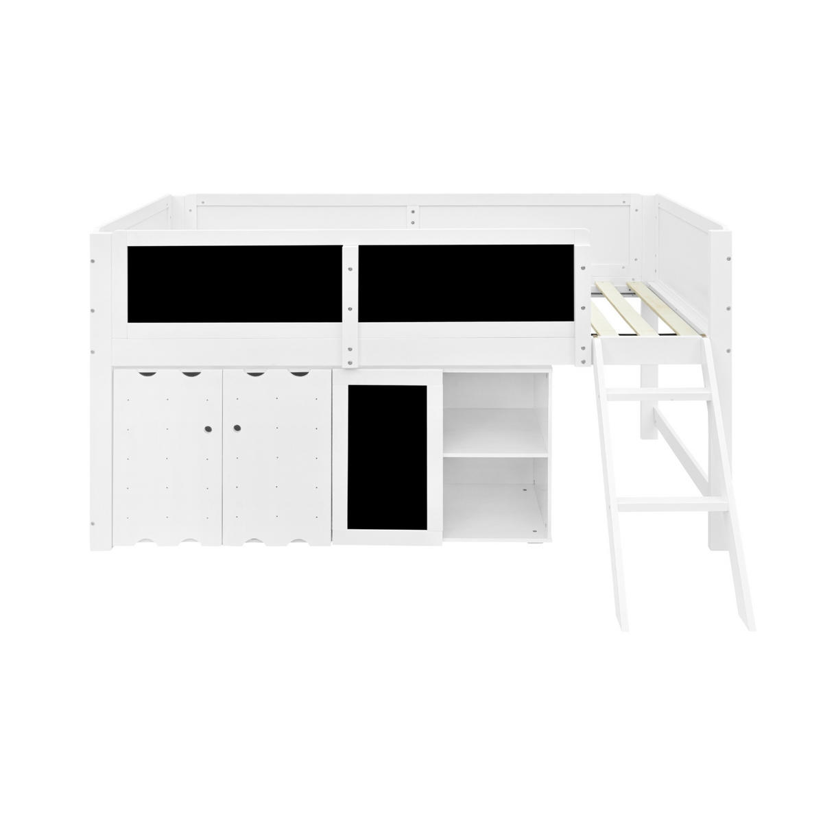 HOCHBETT aus Kiefer und MDF 90x200 cm Weiß/Schwarz mit Stauraumschrank, Kreidetafel und Sicherheitsgeländer - Weiß, Holzwerkstoff (90/200cm) - Modfu