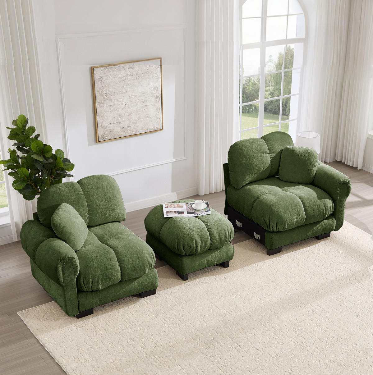 SOFA 190/149/90 cm in Grün aus Chenille mit Steppnaht und Ottomane - Grün, Textil (149/90/190cm) - Flora Grace