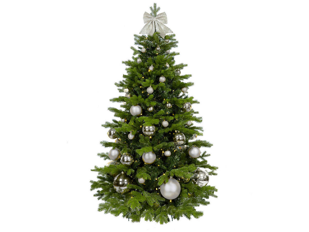 LAALU WEIHNACHTSBAUM geschmückt künstlich mit 73 Ornamenten SILVER CHRISTMAS II 210 cm Baum mit Ständer und Christbaumschmuck - Silberfarben/Grün, Kunststoff (210cm) - LAALU