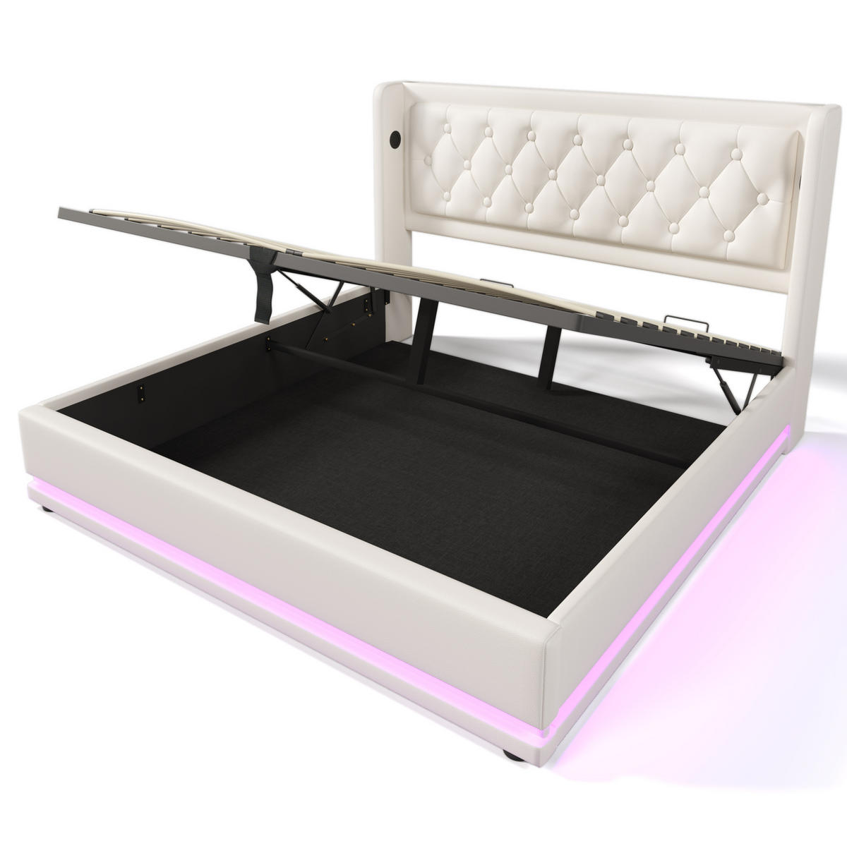 POLSTERBETT 160/200 cm Weiß mit USB-Anschluss und 3-seitiger LED-Beleuchtung mit Matratze - Weiß, Kunststoff (160/200cm) - OKWISH
