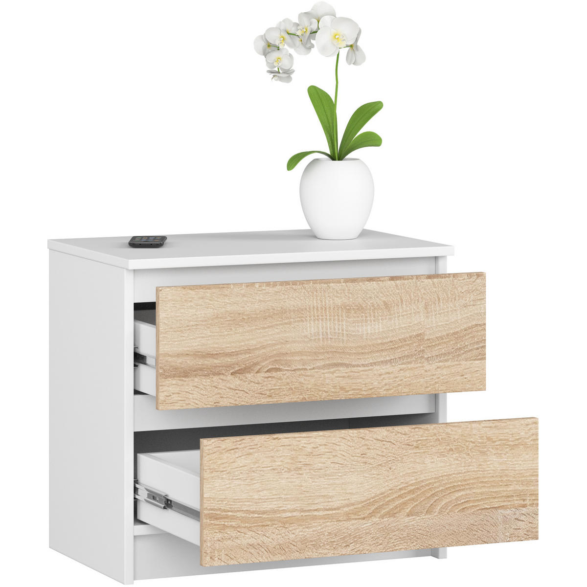 NACHTSCHRANK Weiß, Sonoma Eiche 60x40x55 cm - Weiß/Cappuccino, Holzwerkstoff (60/55/40cm) - Akord