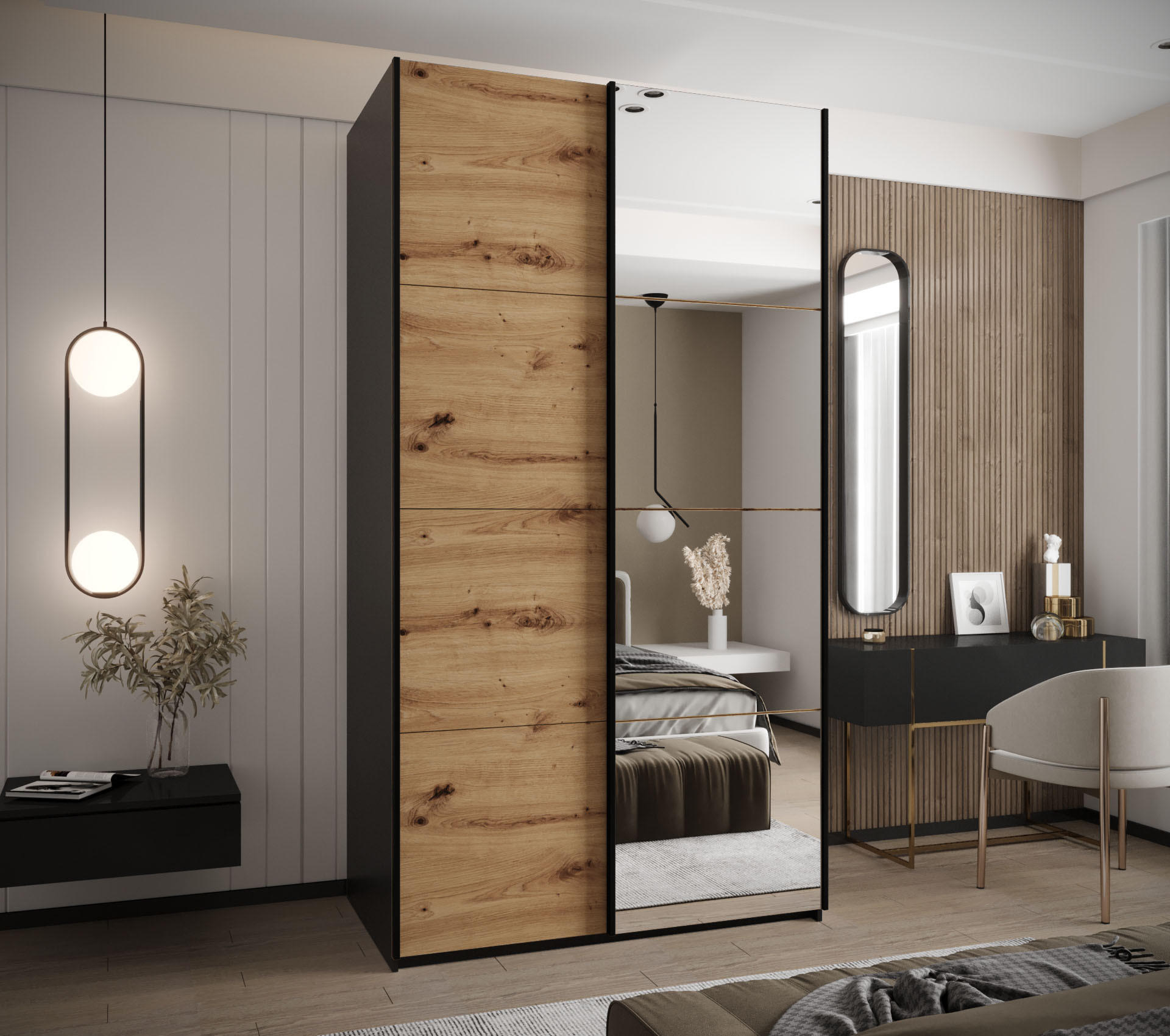 SCHWEBETÜRENSCHRANK 245,5/130/64 2-türig - Schwarz/Eiche Artisan, Holz/Metall (130/245/64cm) - Abiks Möbel