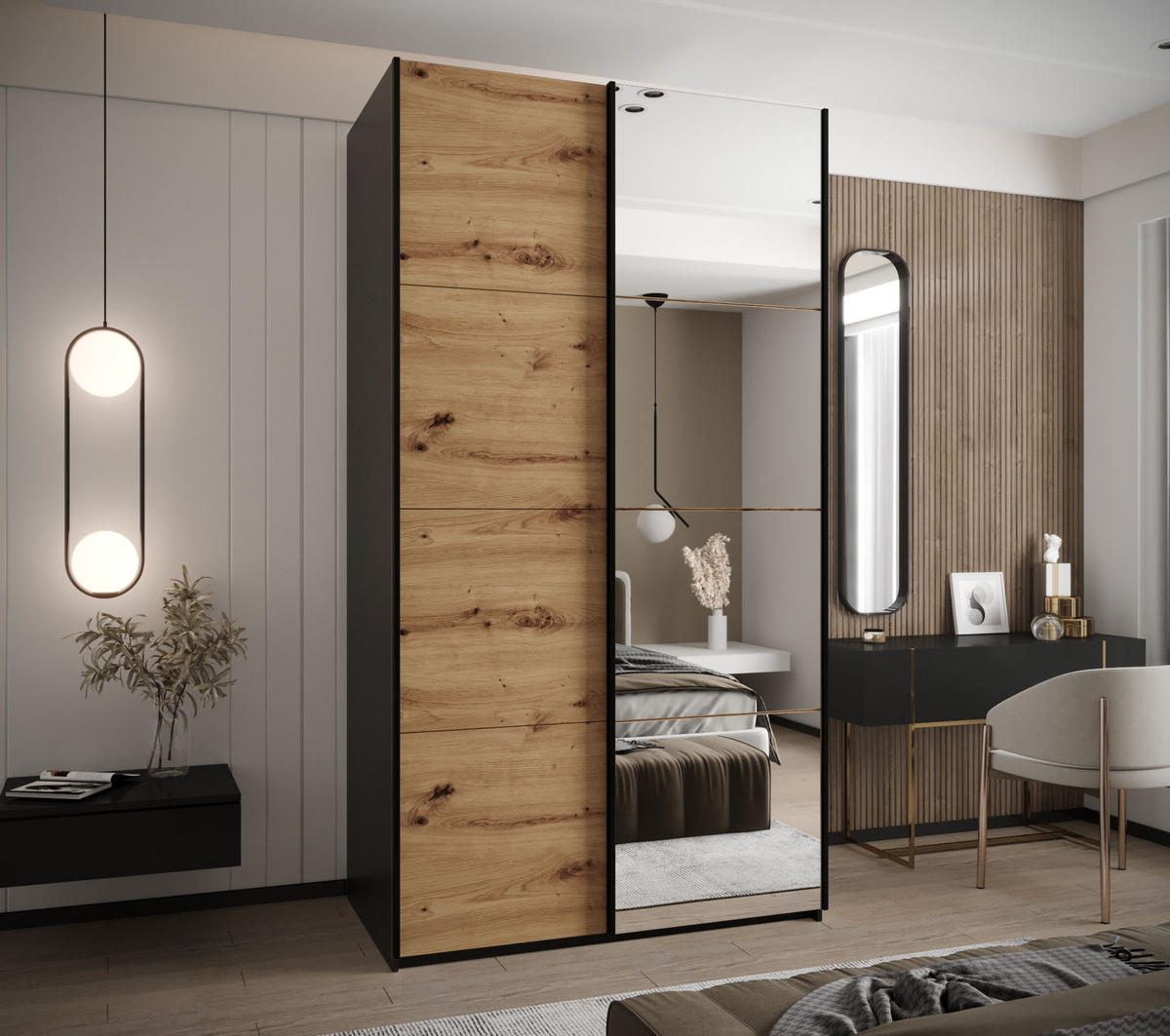 SCHWEBETÜRENSCHRANK 245,5/130/64 2-türig - Schwarz/Eiche Artisan, Holz/Metall (130/245/64cm) - Abiks Möbel