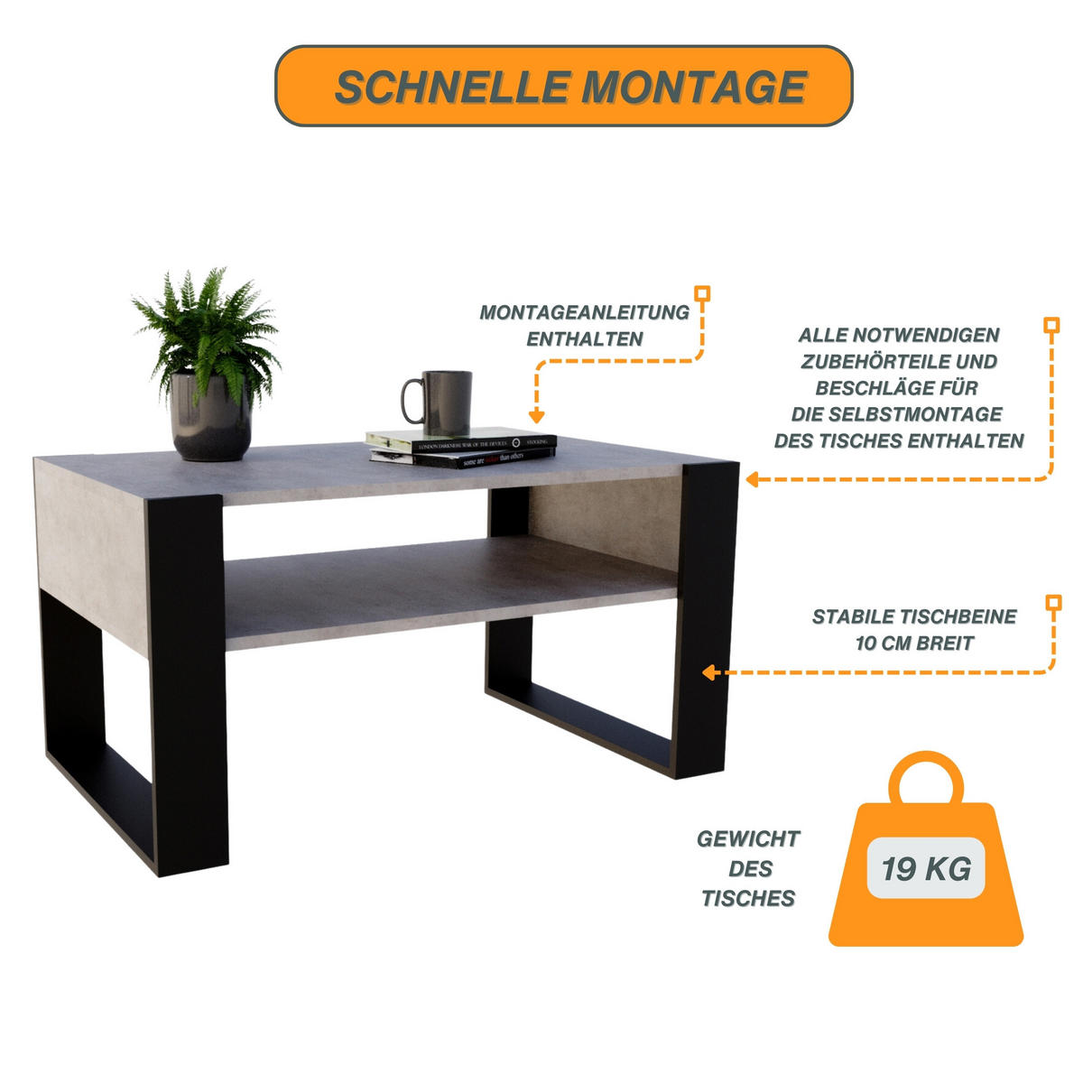 COUCHTISCH Holzwerkstoff rechteckig stabil Grau 45/53,6/92cm - Schwarz/Grau, Holzwerkstoff (53.6/92/45cm) - CraftPAK