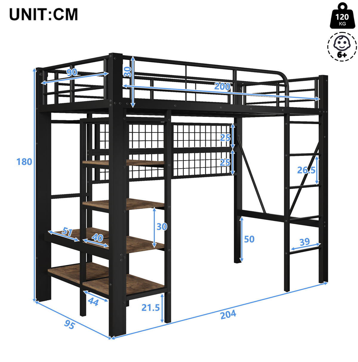 HOCHBETT 90/200 cm Schwarz mit LED und Ablagefach ohne Matratze - Schwarz, Metall (90/200cm) - MIVRAY