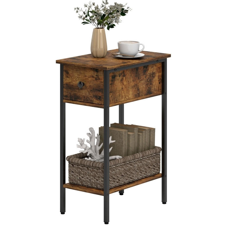 BEISTELLTISCH aus Holz 39,8x25x58,2 cm Rustikales Braun/Schwarz mit Schublade, offenem Fach und Metallbeinen - Braun, Holzwerkstoff (25/39.8/58.2cm) - Modfu