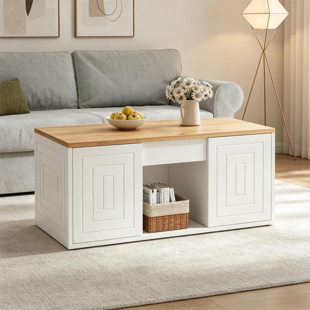 COUCHTISCH Höhenverstellbarer Multifunktionstisch mit Stauraum, Rillen-Design, Doppeltür-Schrank, Holz/Weiß - Weiß, Holzwerkstoff (95/46/45cm) - EVRYAE