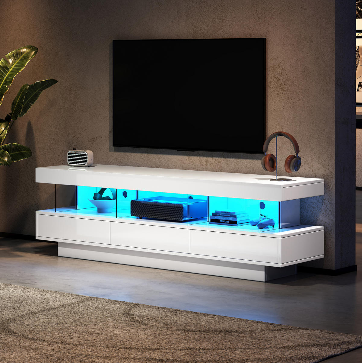 TV ormarić 160/38/50,5 cm s LED osvjetljenjem, Bluetooth upravljanjem i 3 staklena pretinca, Bijela - bijela, drvni materijal (160/50.5/38cm) - Redom