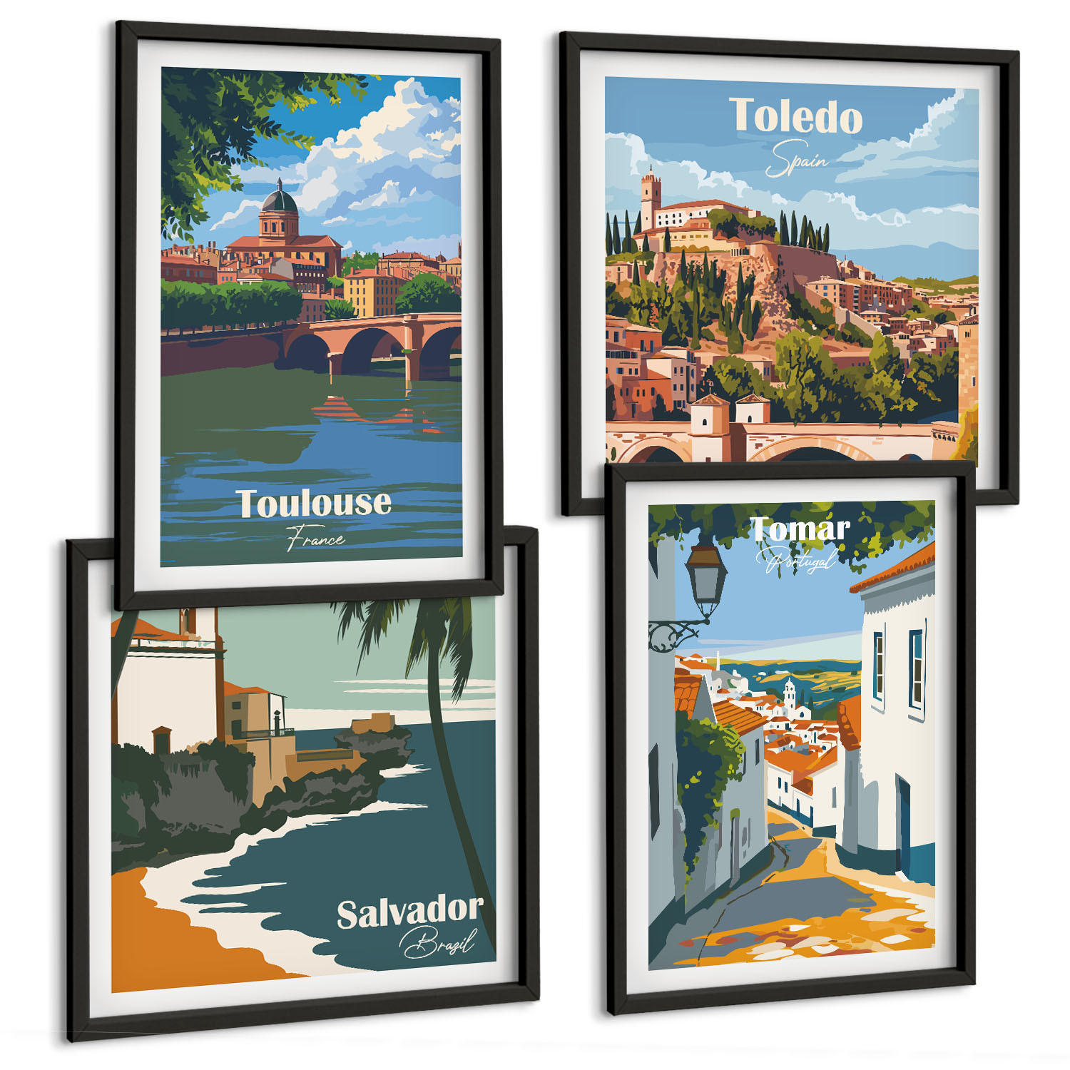 BILDER SET 4er Set - 50x50 cm & 40x60 cm Schwarzer Rahmen - Retro-Stadtgrafiken - Schwarz, Kunststoff (50/50cm) - TULUP