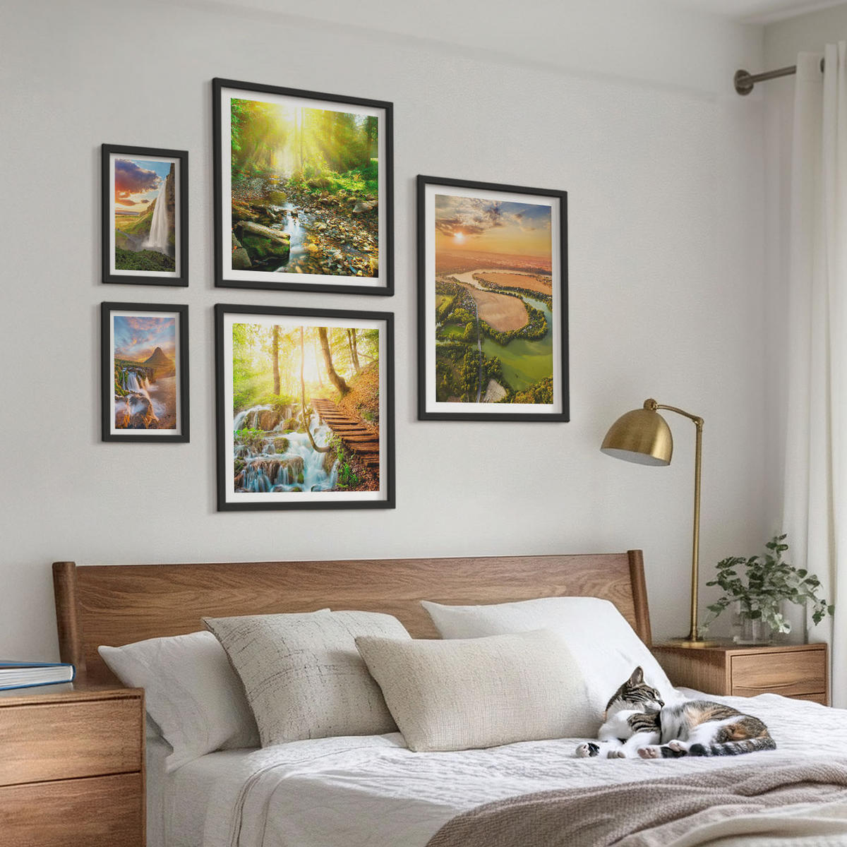 WANDBILDER 5er-Set - 50x50 cm & 20x30 cm & 40x60 cm Schwarzer Rahmen - Orange Mountain Wasserfall - Schwarz, Kunststoff (40/60cm) - ArtPrintCave