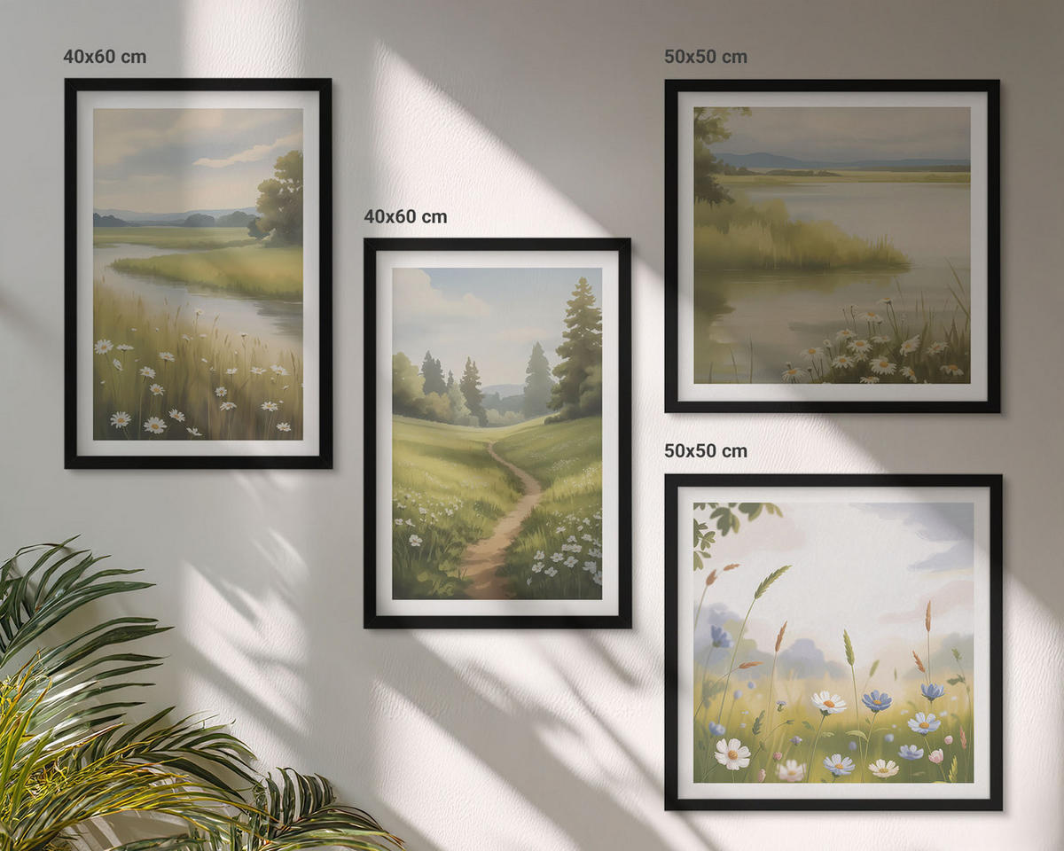BILDER SET 4er Set - 50x50 cm & 40x60 cm Schwarzer Rahmen - Frühlingslandschaft Flusswiese - Schwarz, Kunststoff (50/50cm) - TULUP