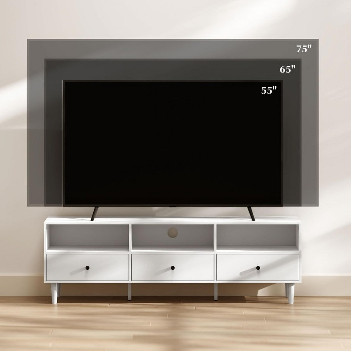 TV ormarić 140/34/45 cm bijeli od drva s ladicama i otvorom za kabele - bijela, drvni materijal (140/45/34cm) - OKWISH