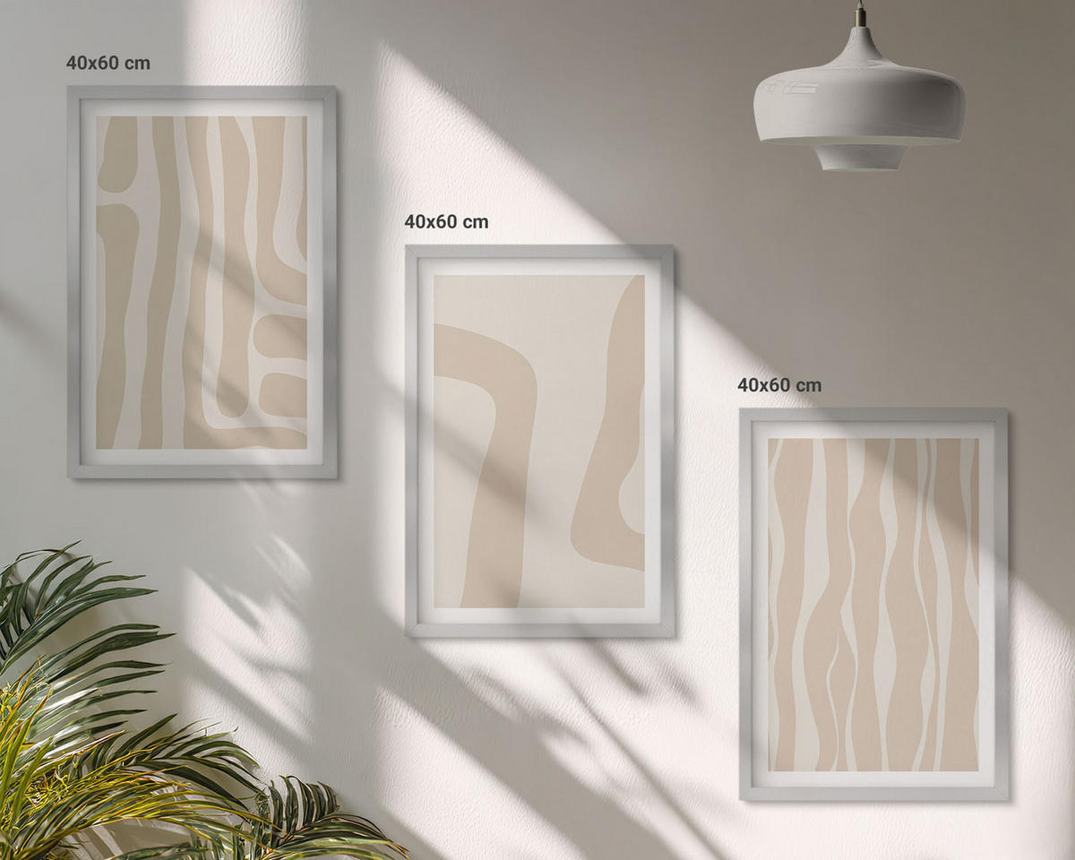 BILDER SET 3er Set - 40x60 cm Silberner Rahmen - Abstrakte Boho-Muster - Silberfarben, Kunststoff (40/60cm) - TULUP