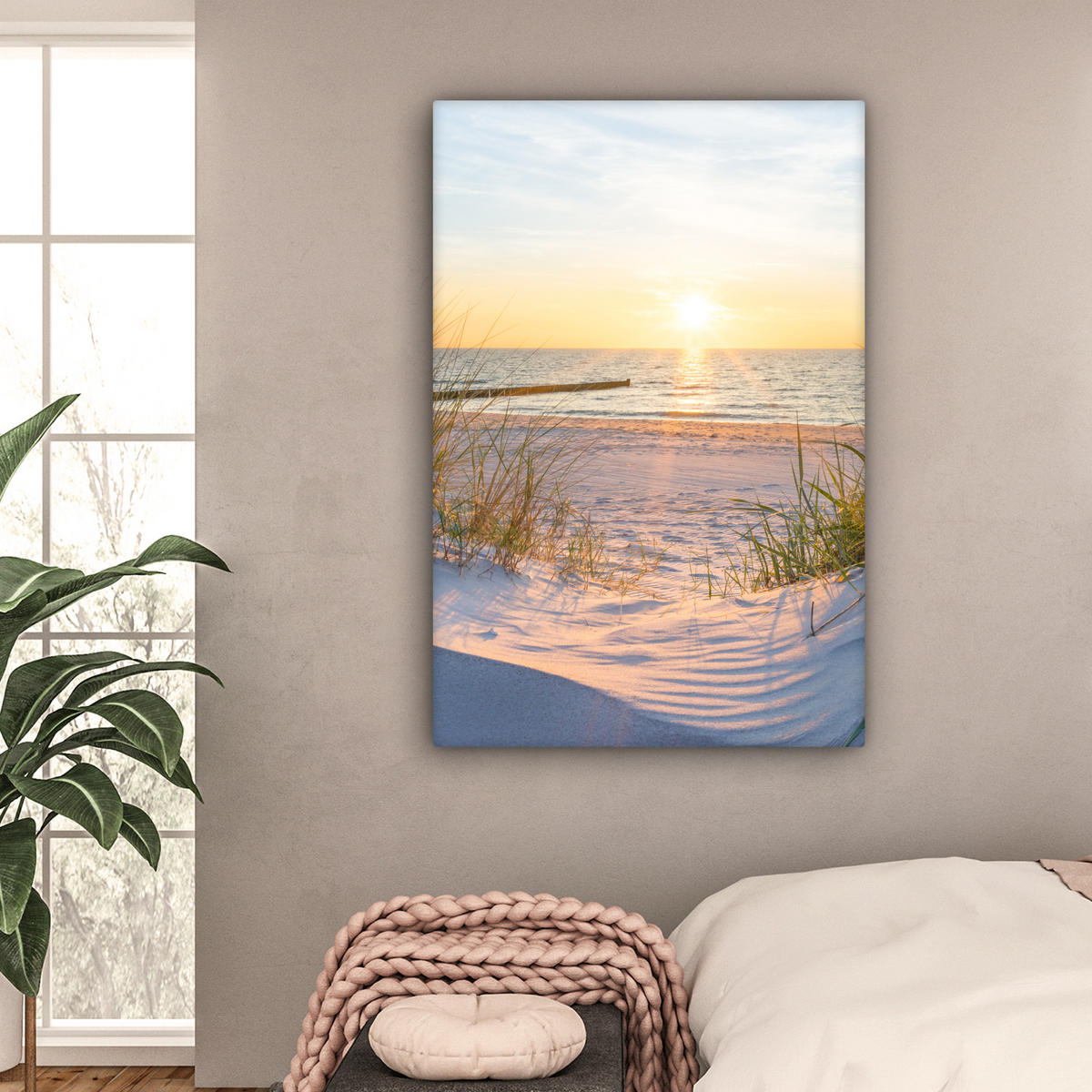 LEINWANDBILD Strand - Sonne - Düne - Gras - Sand - Horizont Deko Groß 90x140 cm - Hellblau, Textil (90/140cm) - MuchoWow