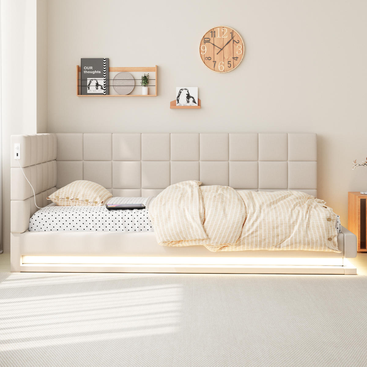 POLSTERBETT 90/200 cm mit LED-Beleuchtung und USB-Steckdose Leinenstoff Beige - Beige, Textil (90/200cm) - OKWISH