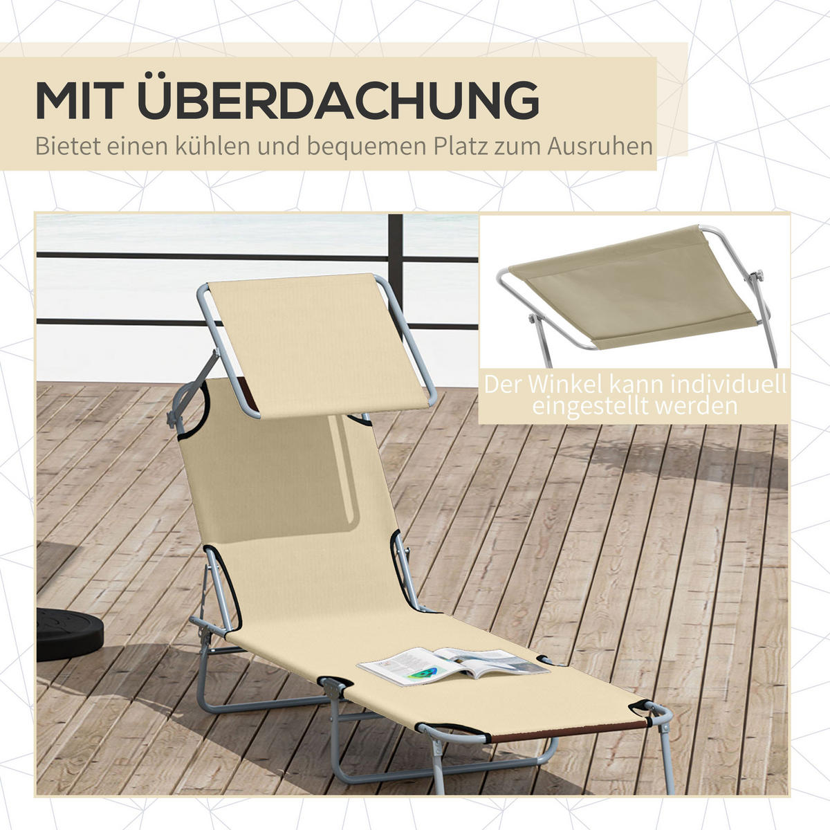 KLAPPBARE Sonnenliege mit Sonnendach und 4-fach verstellbarer Rückenlehne, wetterfeste Campingliege bis 120 kg, Beige - Beige, Metall (187/36/58cm)