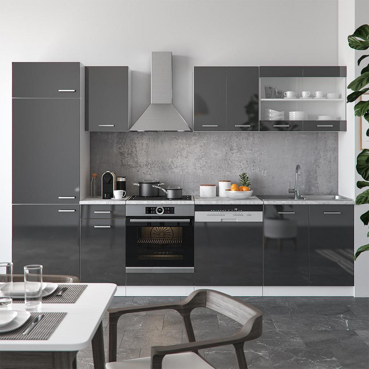 PENTRY R-Line Antracit högblank/vit 300 cm , AP Marble - Vit/Svart högglans, Träbaserade material (300/206.8/60cm) - Vicco