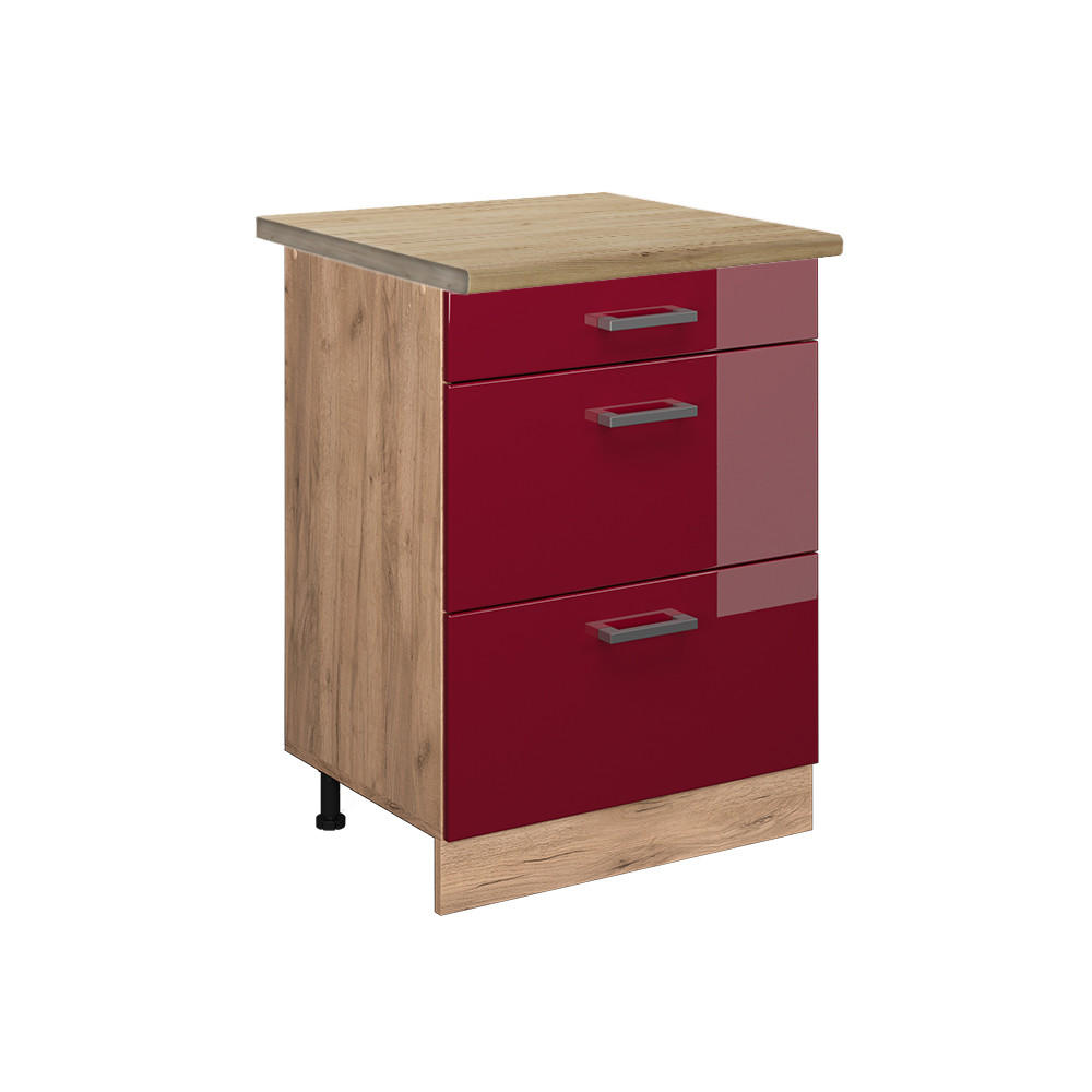 KÜCHENUNTERSCHRANK R-Line Rot Hochglanz 60 cm mit Schubladen, AP Eiche - Honigeiche/Bordeaux, Holzwerkstoff (60/81.6/60cm) - Vicco