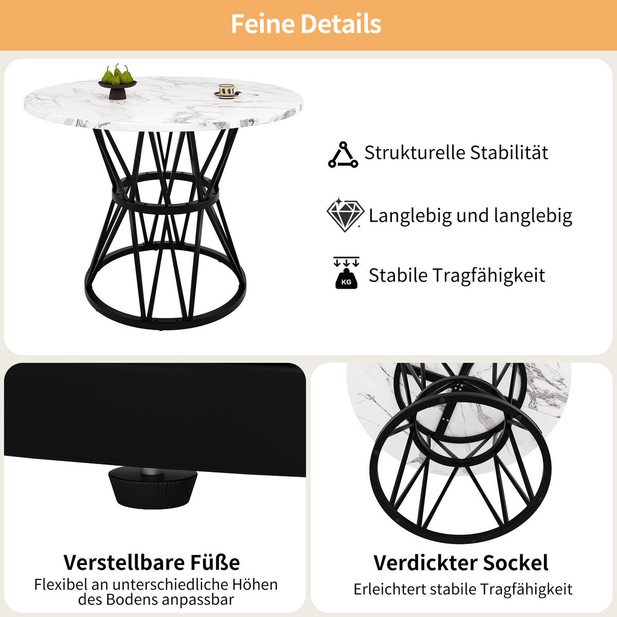 ESSTISCH, MDF mit Marmoroptik & Metallgestell, 100/100/76 cm, Schwarz - Schwarz, Holzwerkstoff (100/100/76cm) - Redom