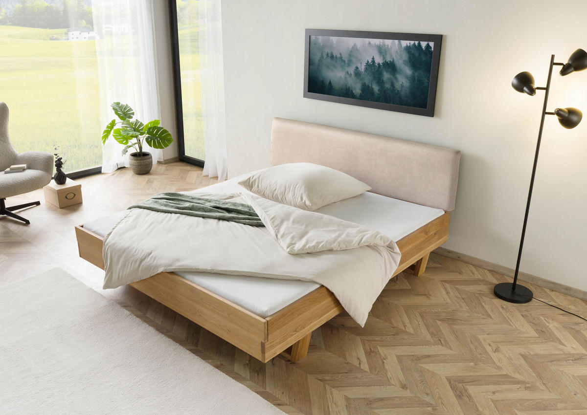 HOLZBETT Fichte 200x200x85 natur gebeizt / geölt, Kopfteil beige FICHTELBERG #140 - Beige/Braun, Holz (200/200cm) - Massivmoebel24