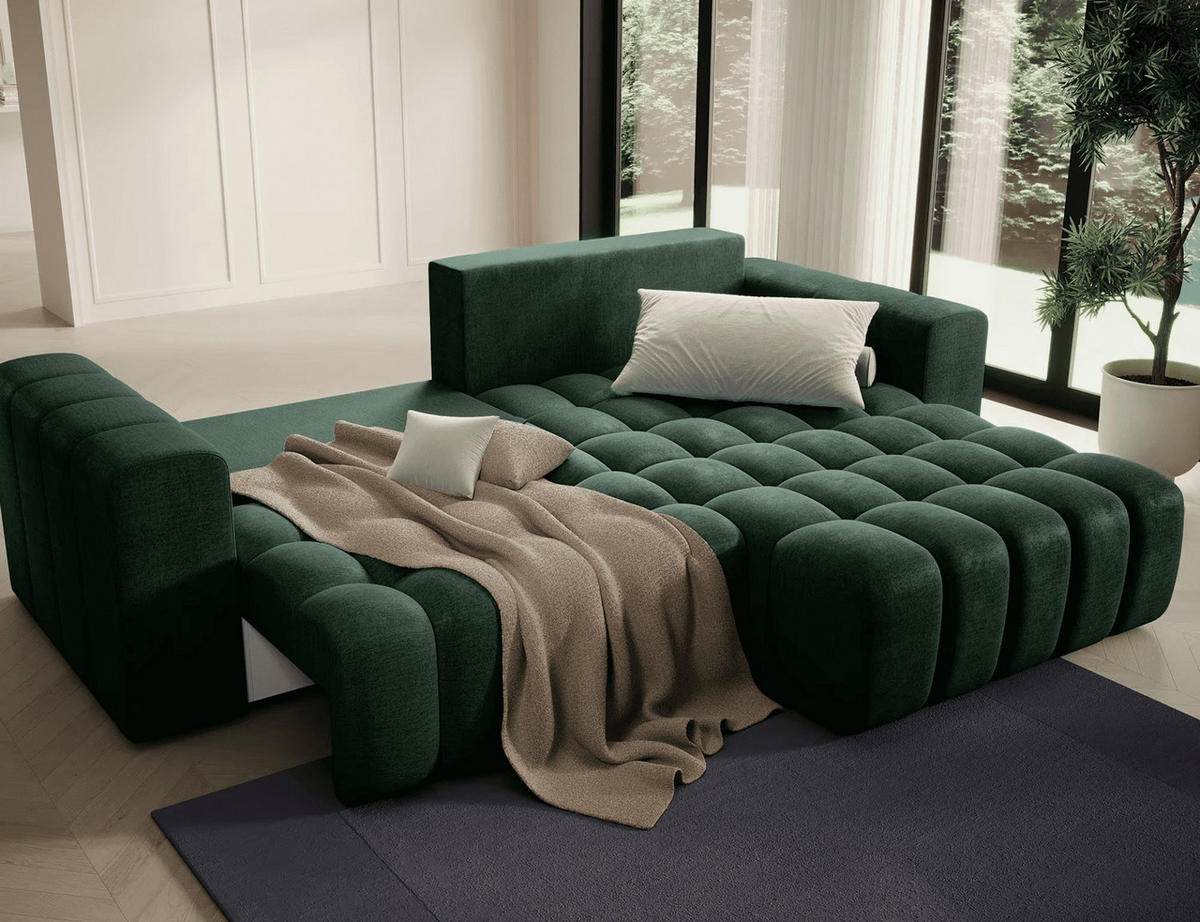 ECKSOFA mit Schlaffunktion und Bettkasten, Velours-Stoff - Dunkelgrün/Schwarz, Textil (175/250cm) - Eltap