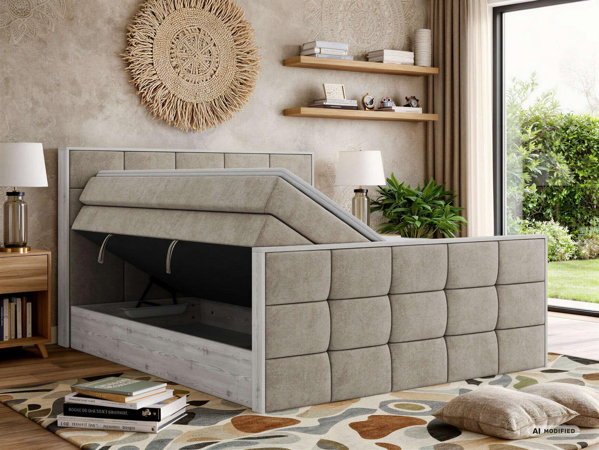 BOXSPRINGBETT ALNOR KING DUO 180/200 - Greige Stukture - Topper Visco - H4 - Greige/Schwarz, Kunststoff/Textil (180/200cm) - MKS
