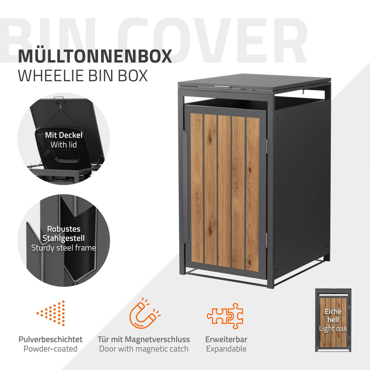MÜLLTONNENBOX 1er 240L 68x80x120 cm Anthrazit-Eiche hell aus Stahl - Hellbraun, Metall (80/120/68cm) - ML-DESIGN