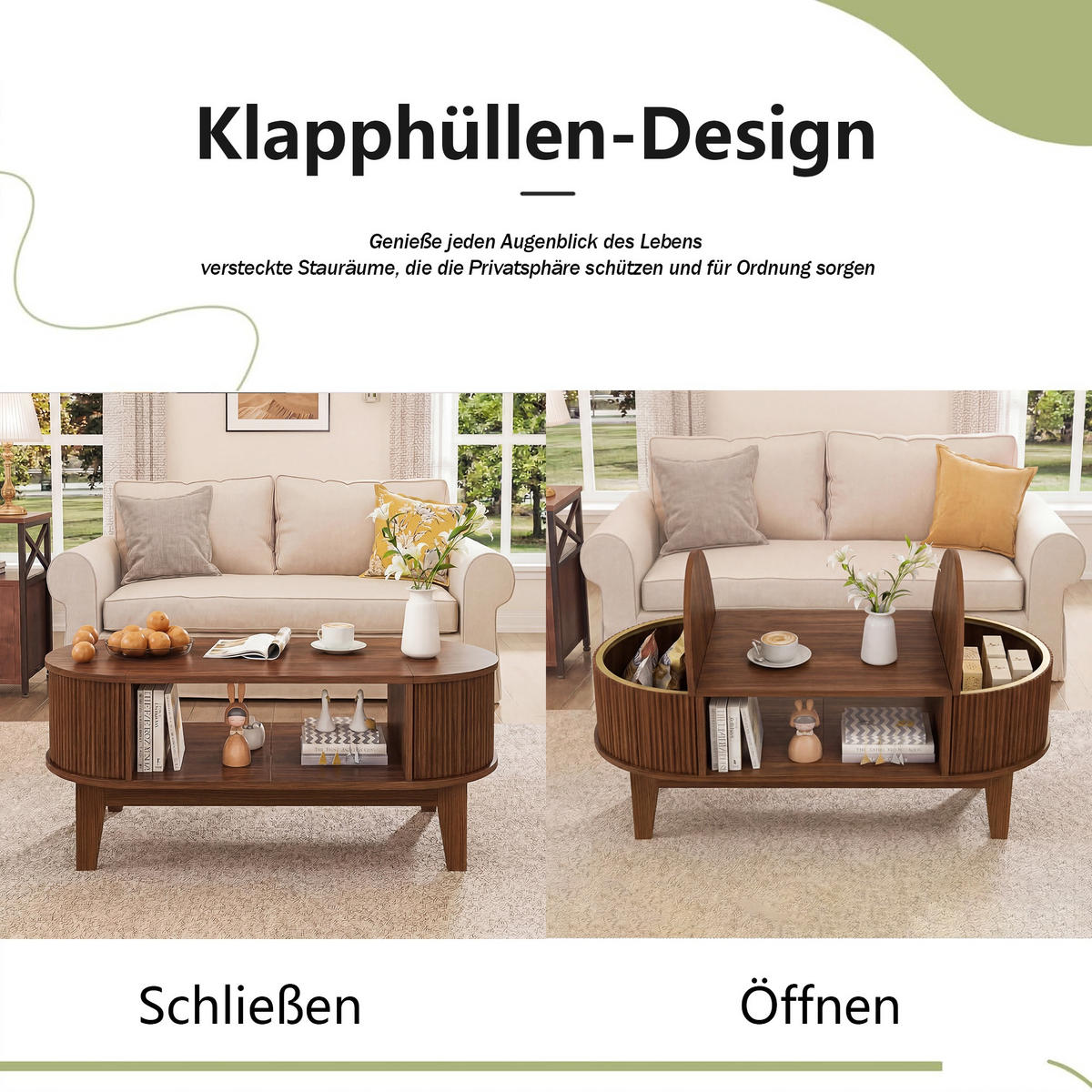 COUCHTISCH 100/50/50 cm, walnussfarben, ovales Design mit verstecktem Stauraum und offenen Regalen - Braun, Holz (50/100/50cm) - Waldena