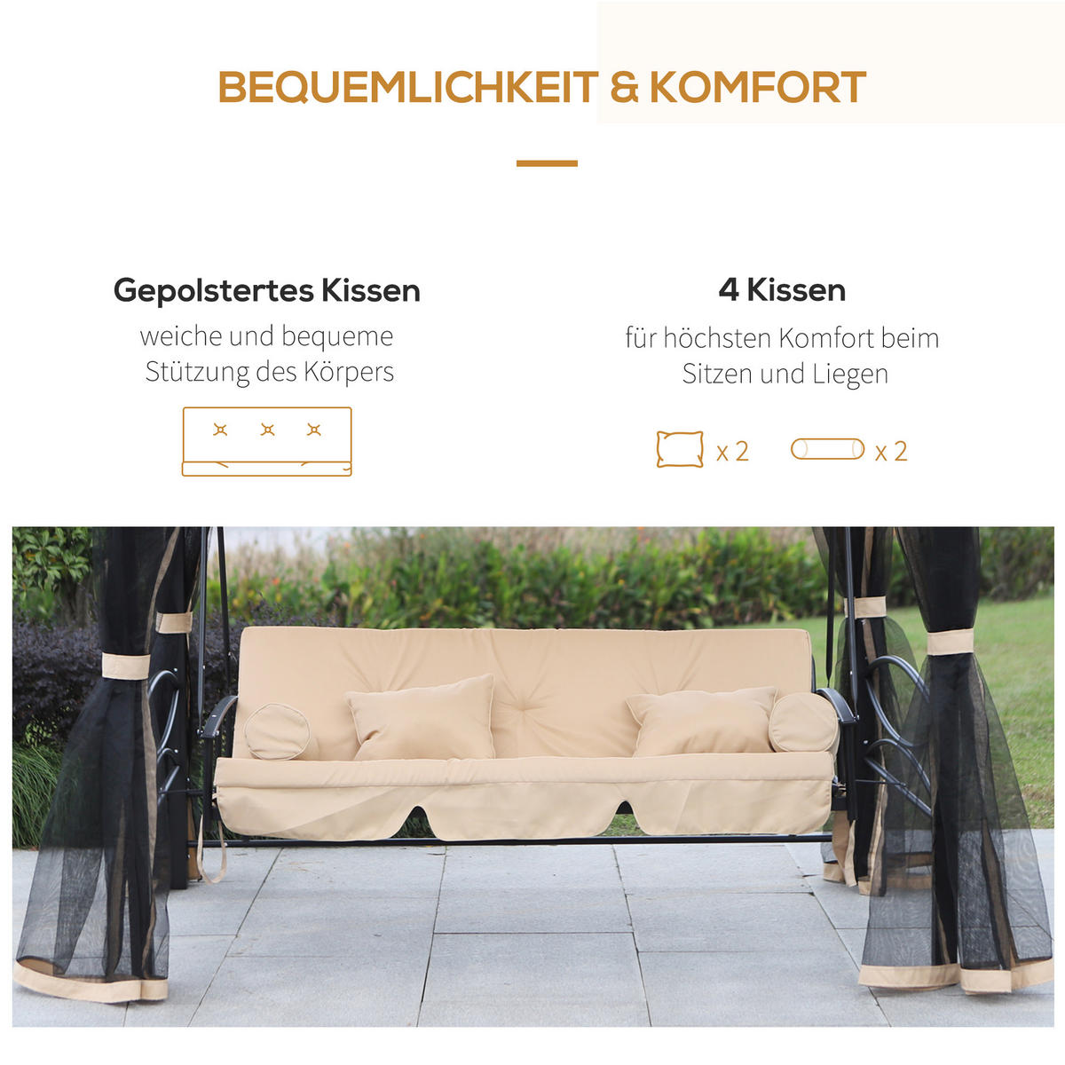 HOLLYWOODSCHAUKEL DE-06995 3-Sitzer, mit Seitenwänden & Moskitonetz, Liegefunktion Beige - Beige/Schwarz, Metall (256/248/172cm) - ComfortXL