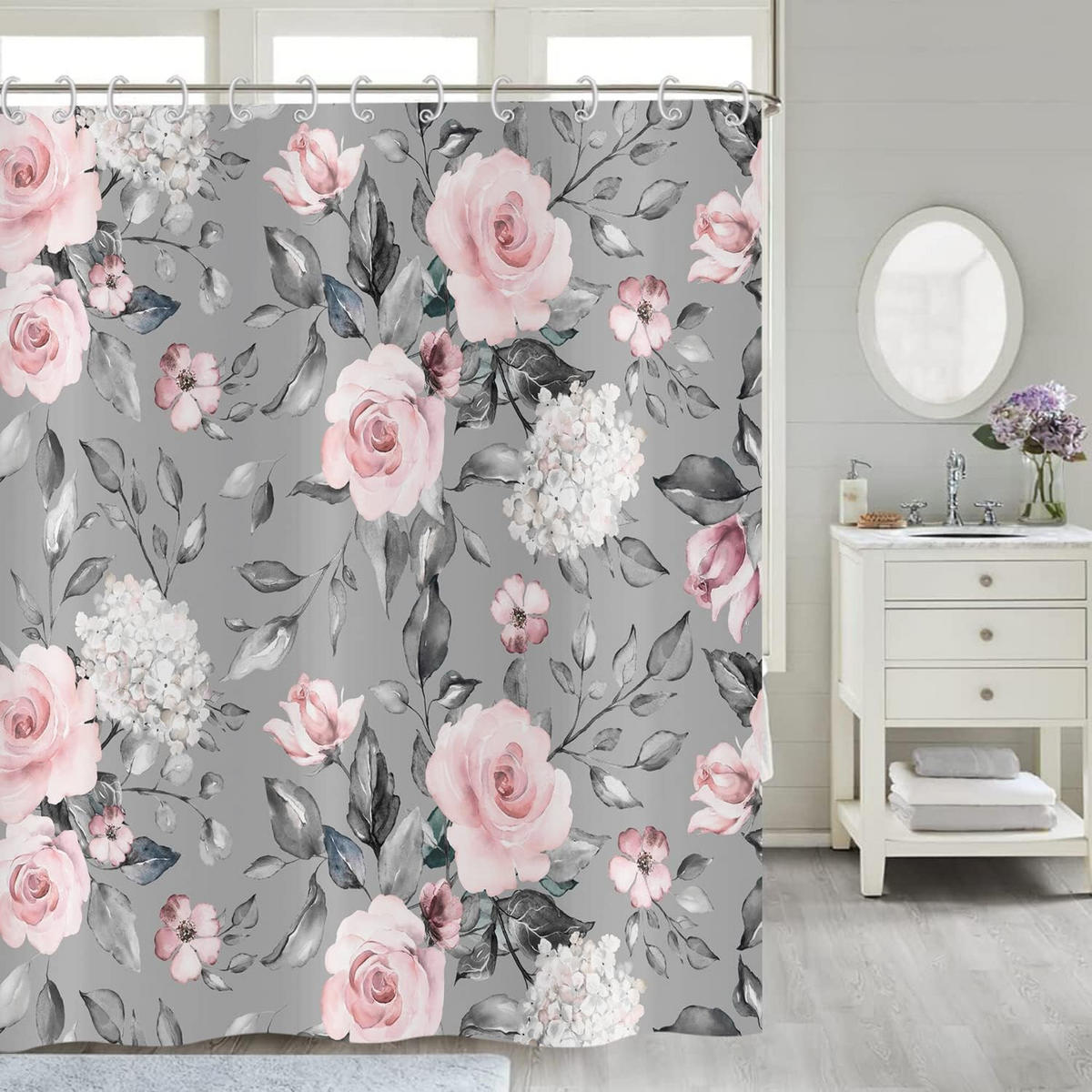 DUSCHVORHANG Rosa Blumen elegant Vintage Aquarell Polyester wasserdicht Badewanne - Multicolor, Textil (180/180cm) - MCBOSON