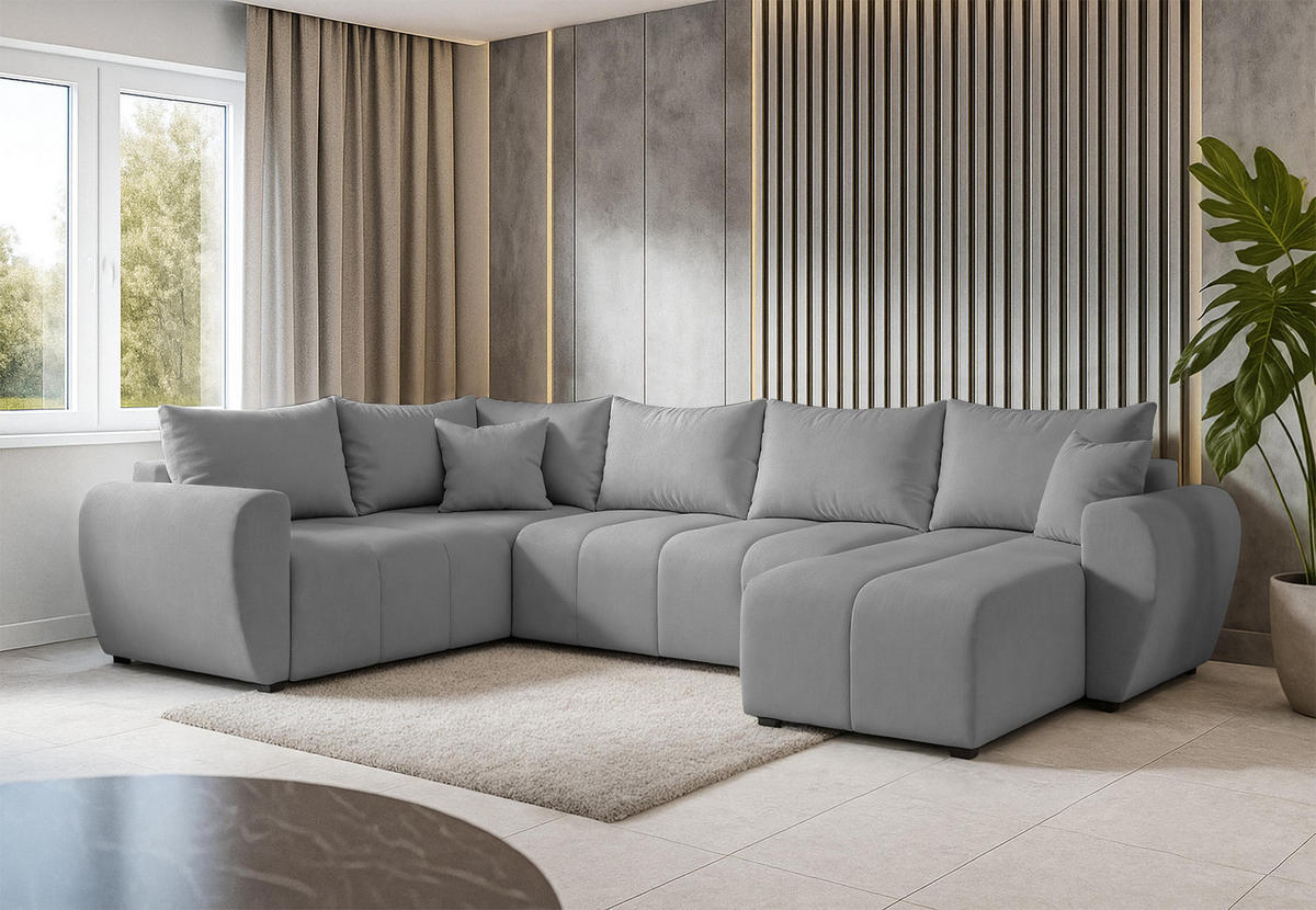 WOHNLANDSCHAFT Malatya U Form MAX Hellgrau 311/145/82 cm mit Schlaffunktion - Hellgrau/Schwarz, Kunststoff/Textil (303/82/208cm) - AX Living