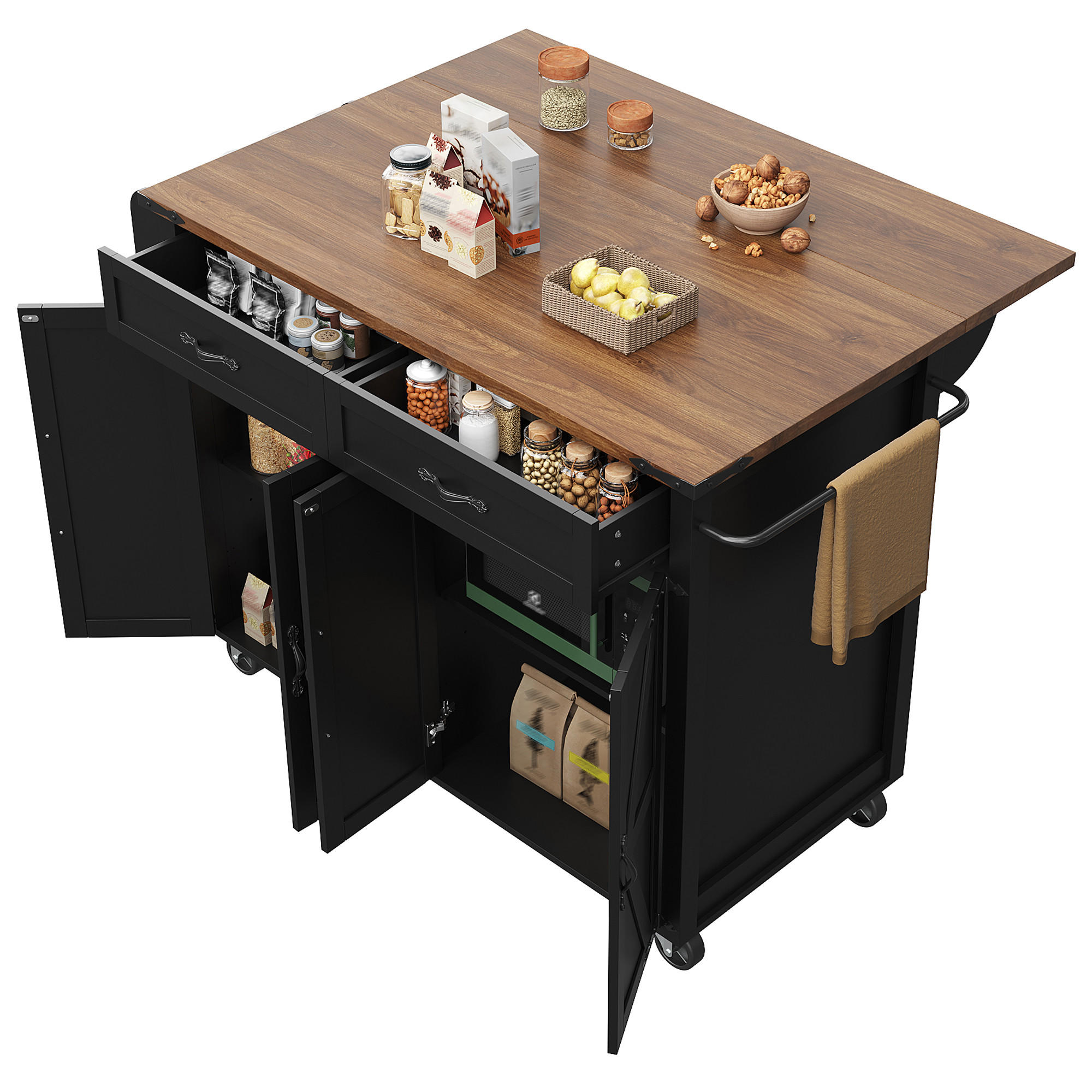 KÜCHENINSEL 140/72/93 cm Schwarz mit Klappplatte, 2 Schubladen und Gewürzregal - Schwarz, Holz/Holzwerkstoff (140/92/73cm) - Oxeza
