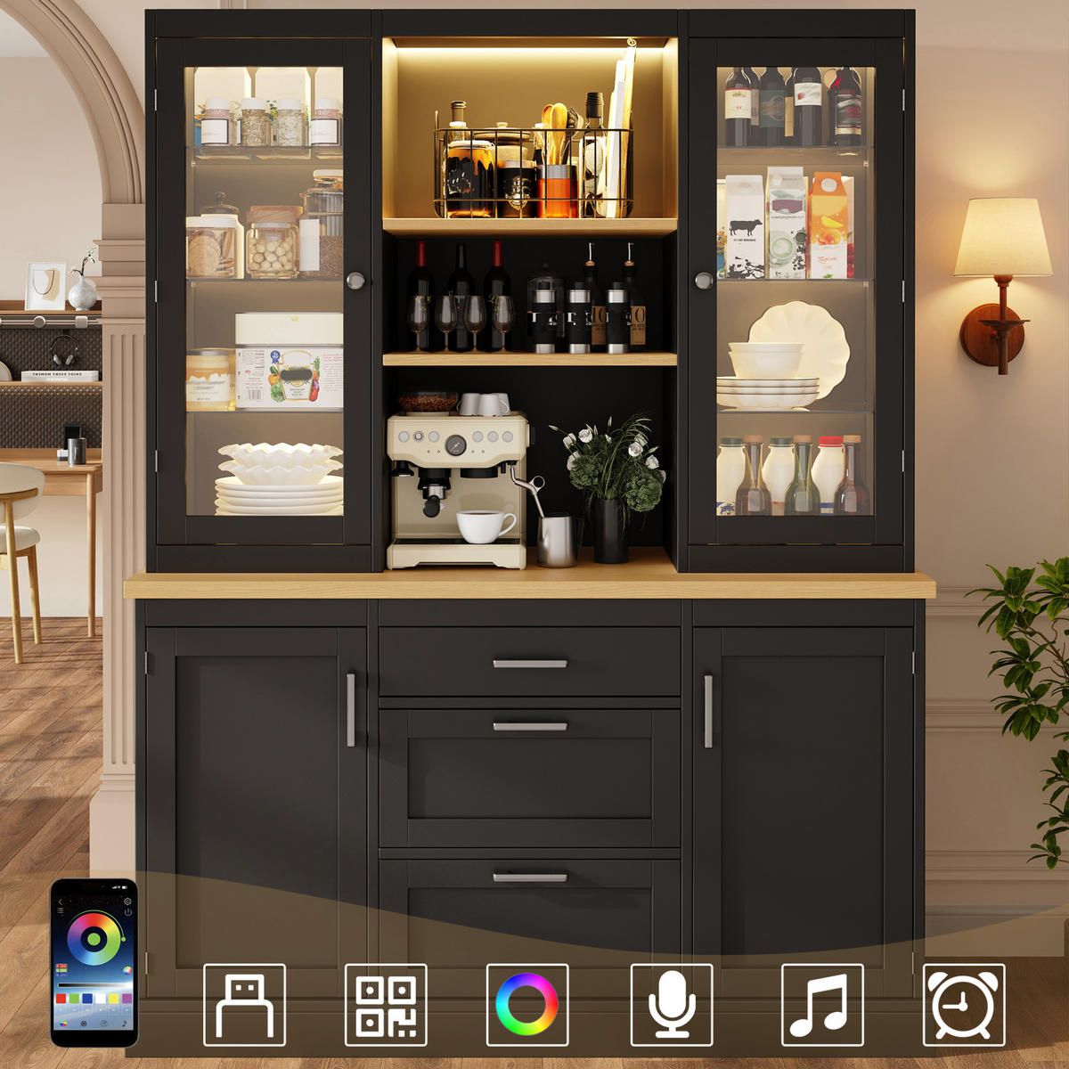 KÜCHENSCHRANK mit LED-Beleuchtung 140 x 40 x 185 cm MDF Schwarz - Schwarz, Holzwerkstoff (40/185/140cm) - Meubliv