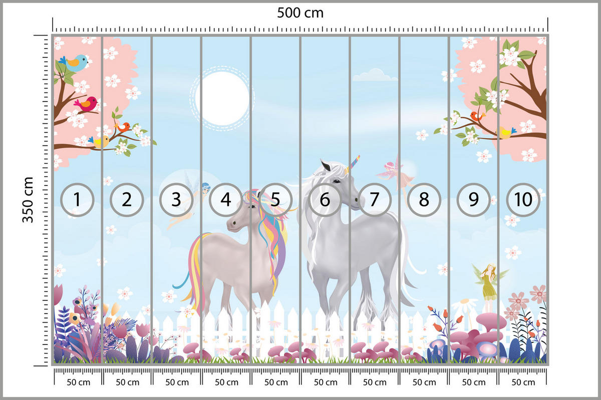 FOTOTAPETE für Kinderzimmer Einhörner Wiese Vögel Bäume Blumen 500x350 - Multicolor, Papier (500/350cm) - Muralo