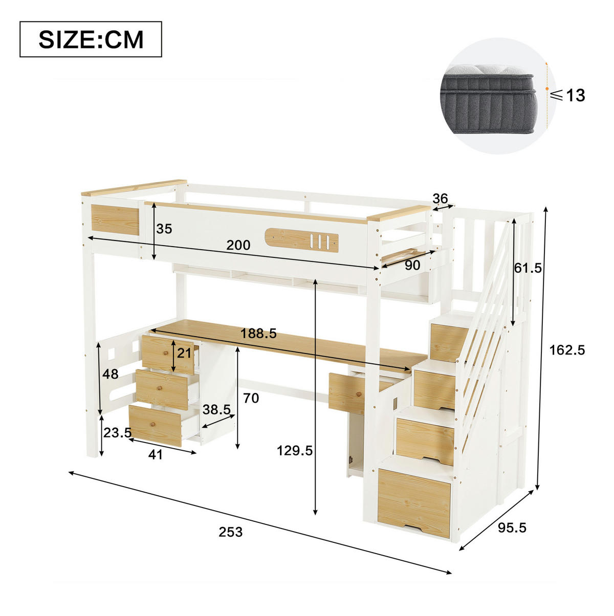 HOCHBETT Massivholz/MDF 90x200 cm Weiß/Natur mit Schreibtisch, Schubladen und Stauraumtreppe - Weiß, Holz (90/200cm) - Modfu