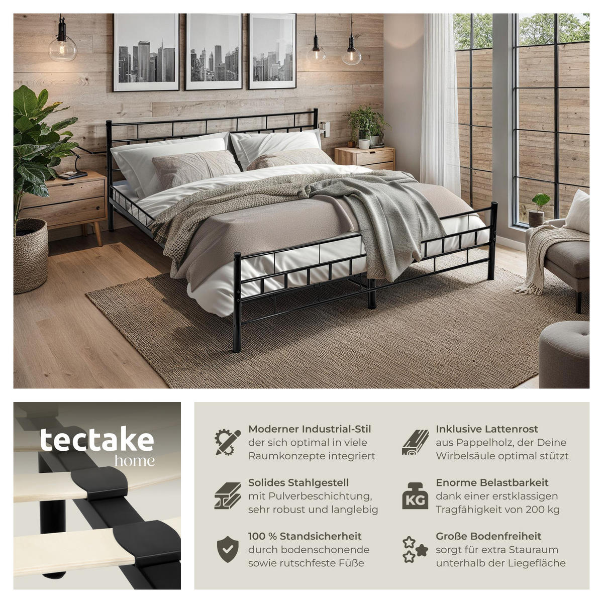 METALLBETT Malta, 180 x 200 cm, schwarz - Schwarz, Metall - tectake