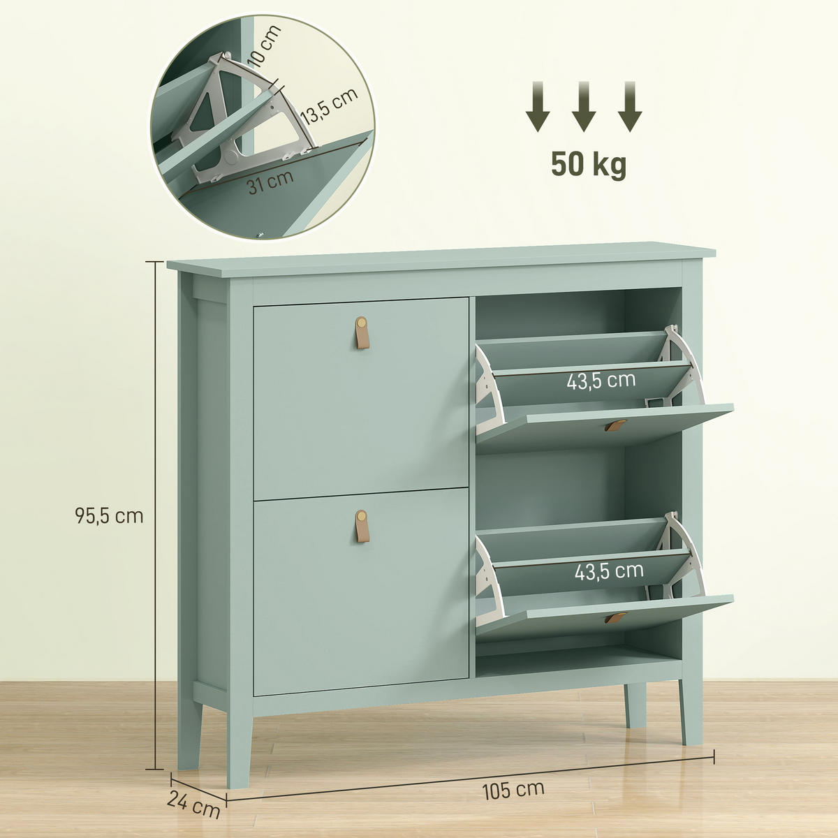 SCHUHSCHRANK für 20 Paar Schuhe, Schuhschrank mit 4 Klappschubladen, herausnehmbaren und verstellbaren Einlegeböden, grün - Grün, Holzwerkstoff (105/95.5/24cm) - HOMCOM