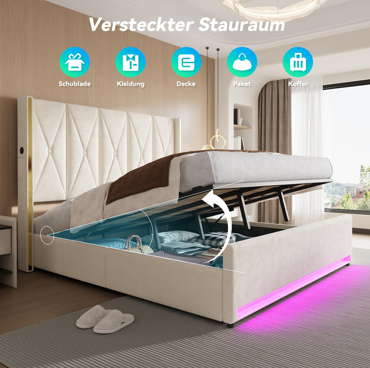 POLSTERBETT 180/200 cm mit LED, USB/Type-C, Seitentaschen und hydraulischem Bettkasten, Beige - Beige, Textil (180/200cm) - Redom