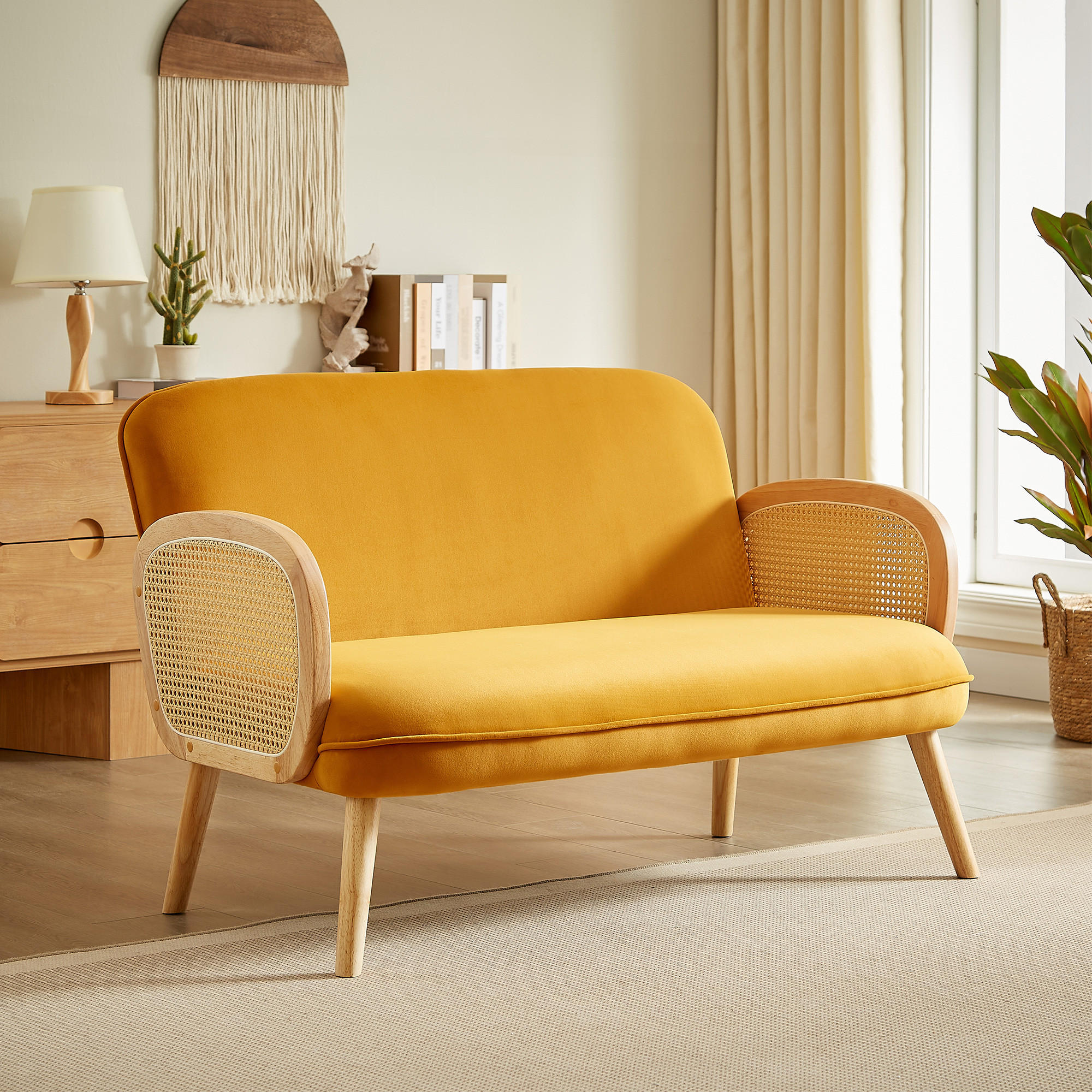 2-SITZER-SOFA Rosi Böhmisches aus Korbgeflecht und ockergelbem Samt - Dunkelgelb/Akaziefarben, Holz/Holzwerkstoff (125/83/79cm) - Sicaan